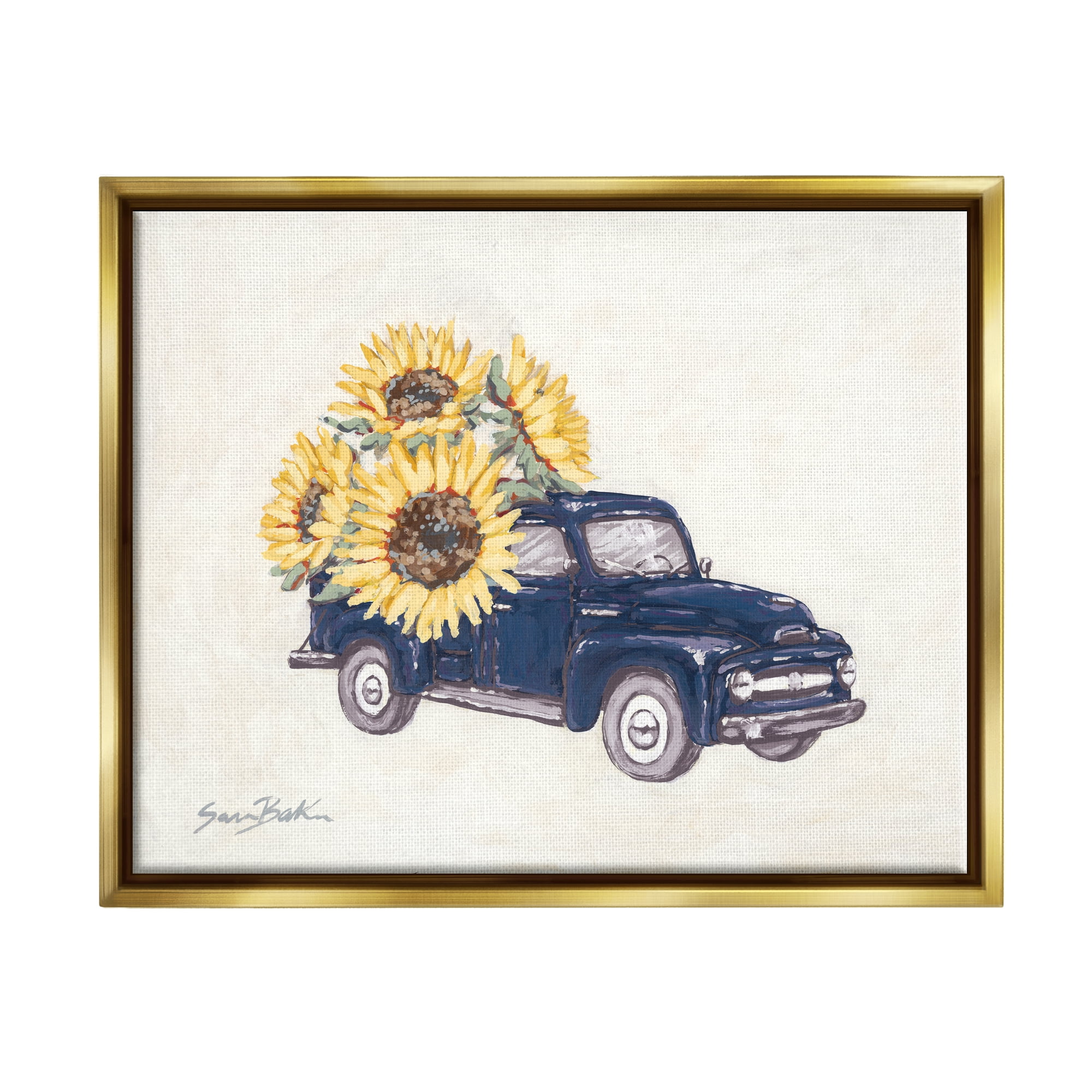 Stupell Industries Country Truck with Sunflowers Botanical & Floral Painting Gold Floater Framed Art Print Wall Art, 31 x 25