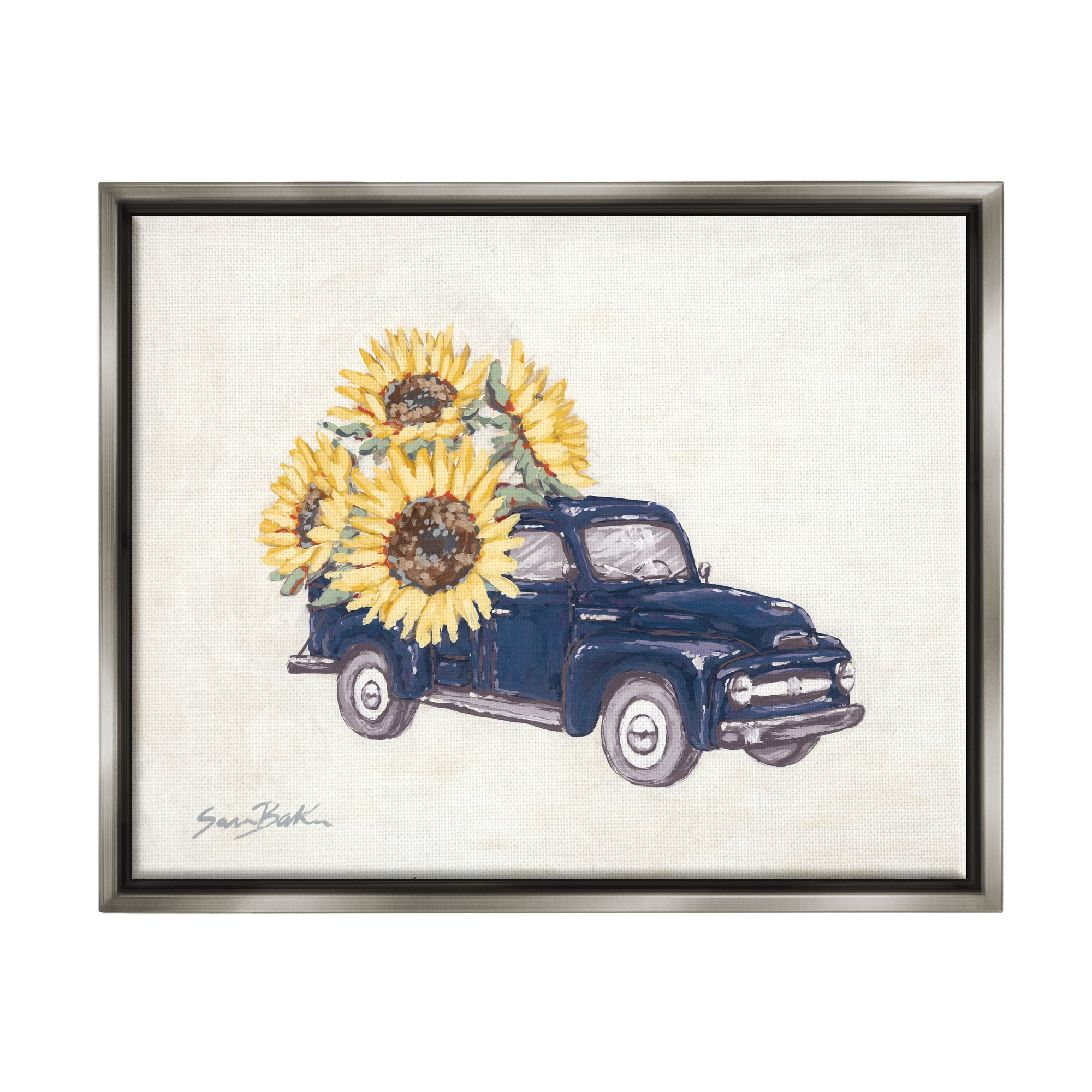 Stupell Industries Country Truck with Sunflowers Botanical & Floral Painting Gray Floater Framed Art Print Wall Art, 21 x 17