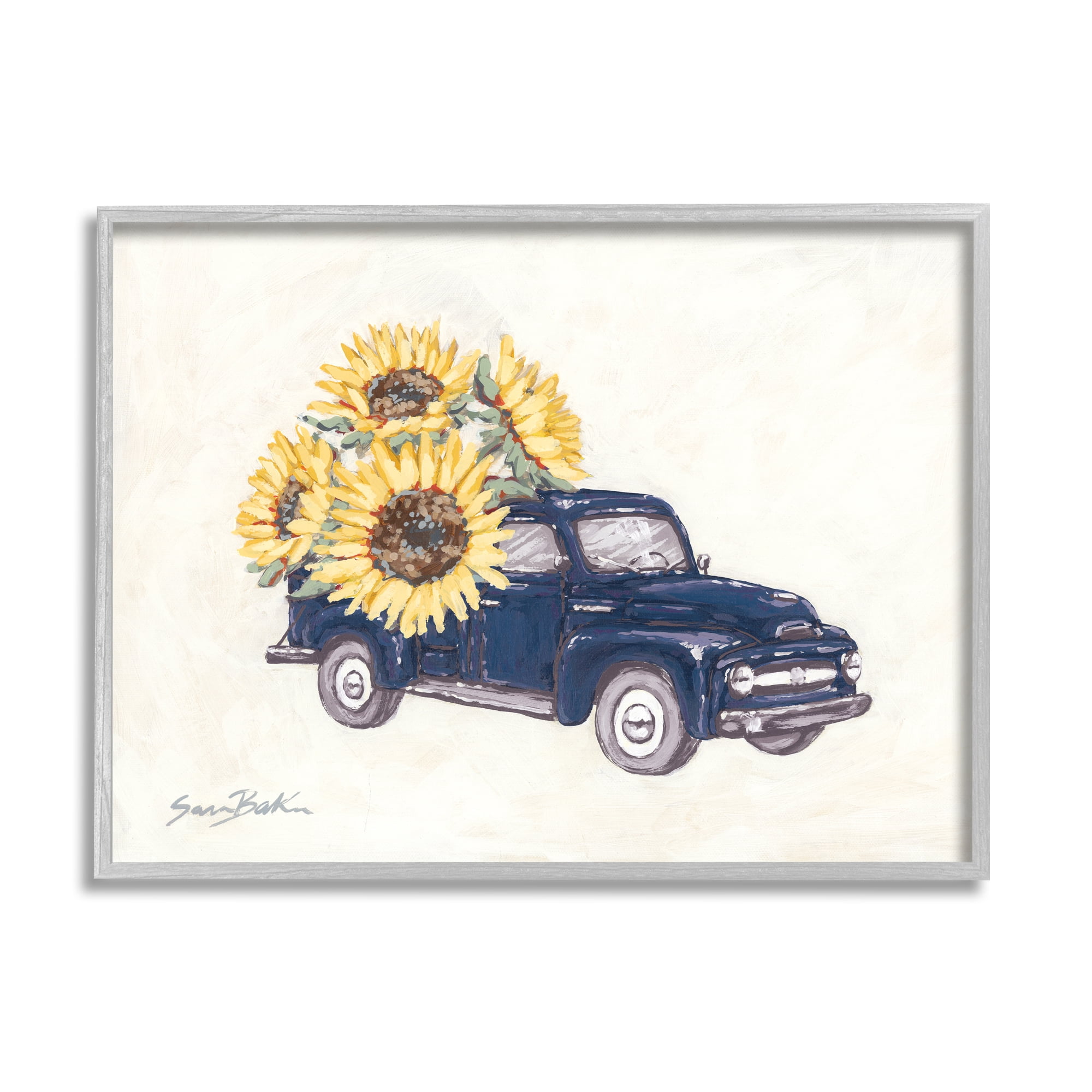 Stupell Industries Country Truck with Sunflowers Botanical & Floral Painting Gray Framed Art Print Wall Art, 30 x 24