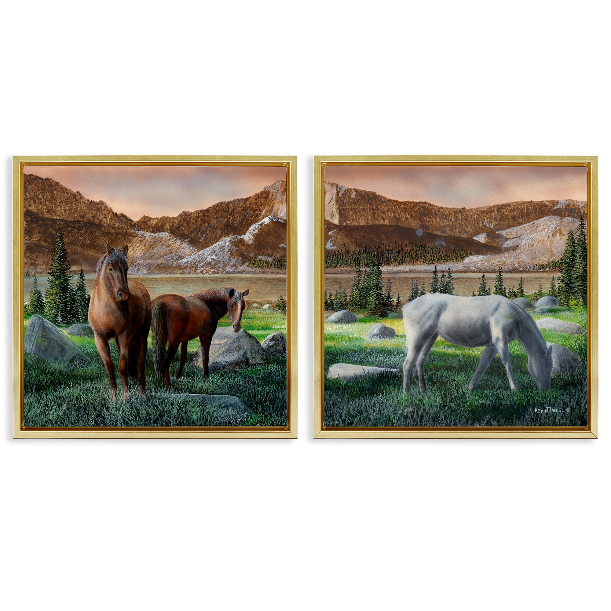 Stupell Industries Country Valley Horses Grazing Animals Painting Gold Floater Framed Canvas Art Print Wall Art, 18 x 18, Set of 2