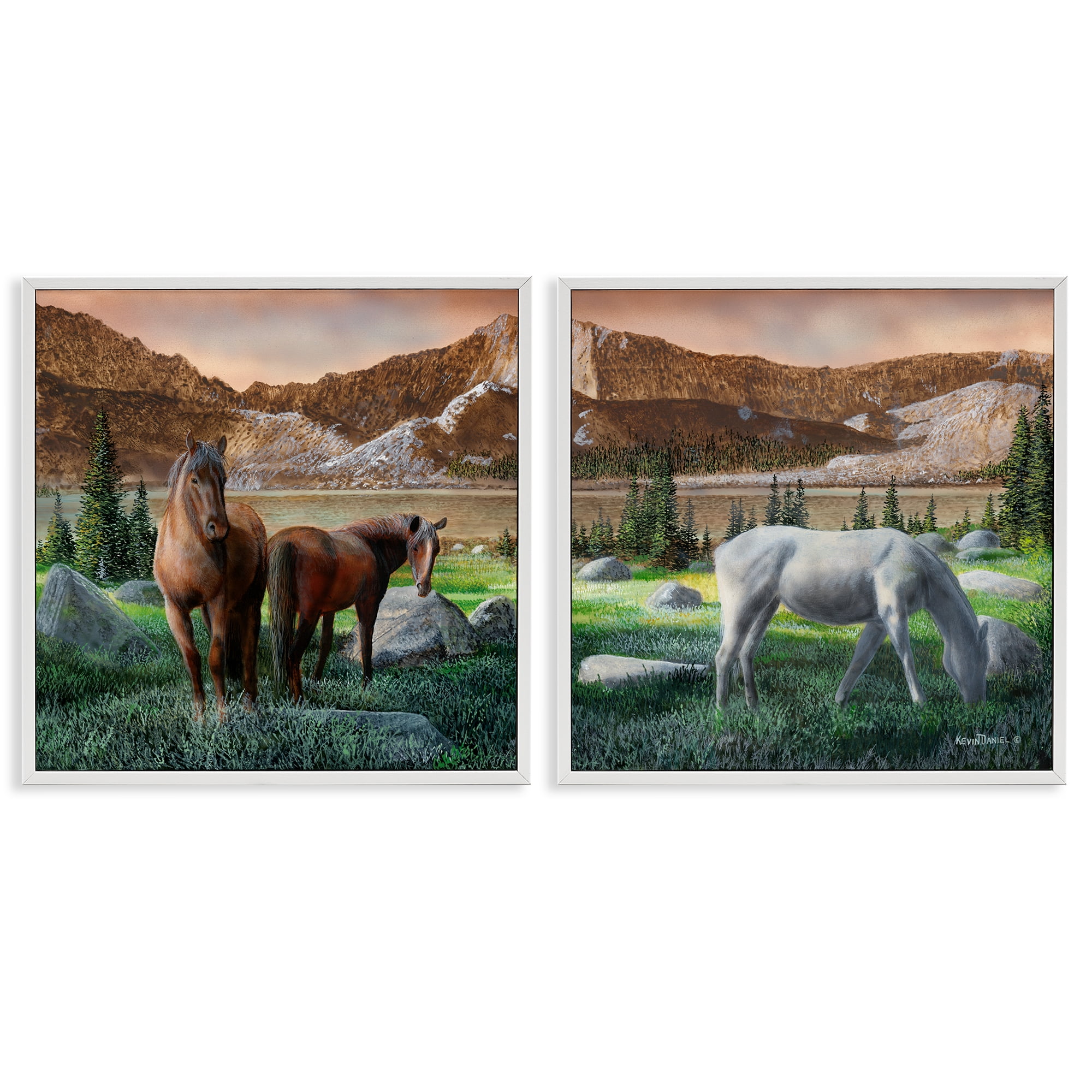 Stupell Industries Country Valley Horses Grazing Animals Painting White Framed Art Print Wall Art, 12 x 12, Set of 2
