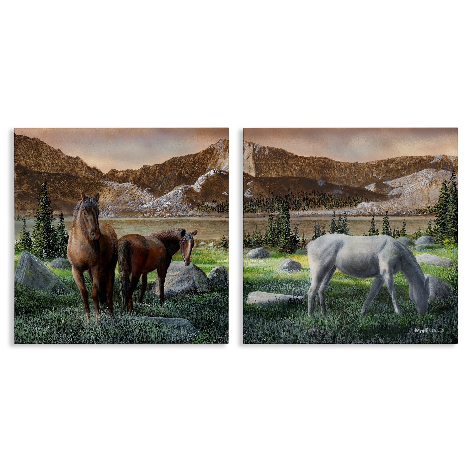 Stupell Industries Country Valley Horses Grazing Animals Painting Wrapped Canvas Art Print Wall Art, 17 x 17, Set of 2