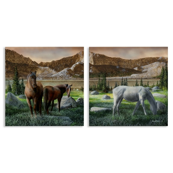 Stupell Industries Country Valley Horses Grazing Animals Painting Wrapped Canvas Art Print Wall Art, 17 x 17, Set of 2
