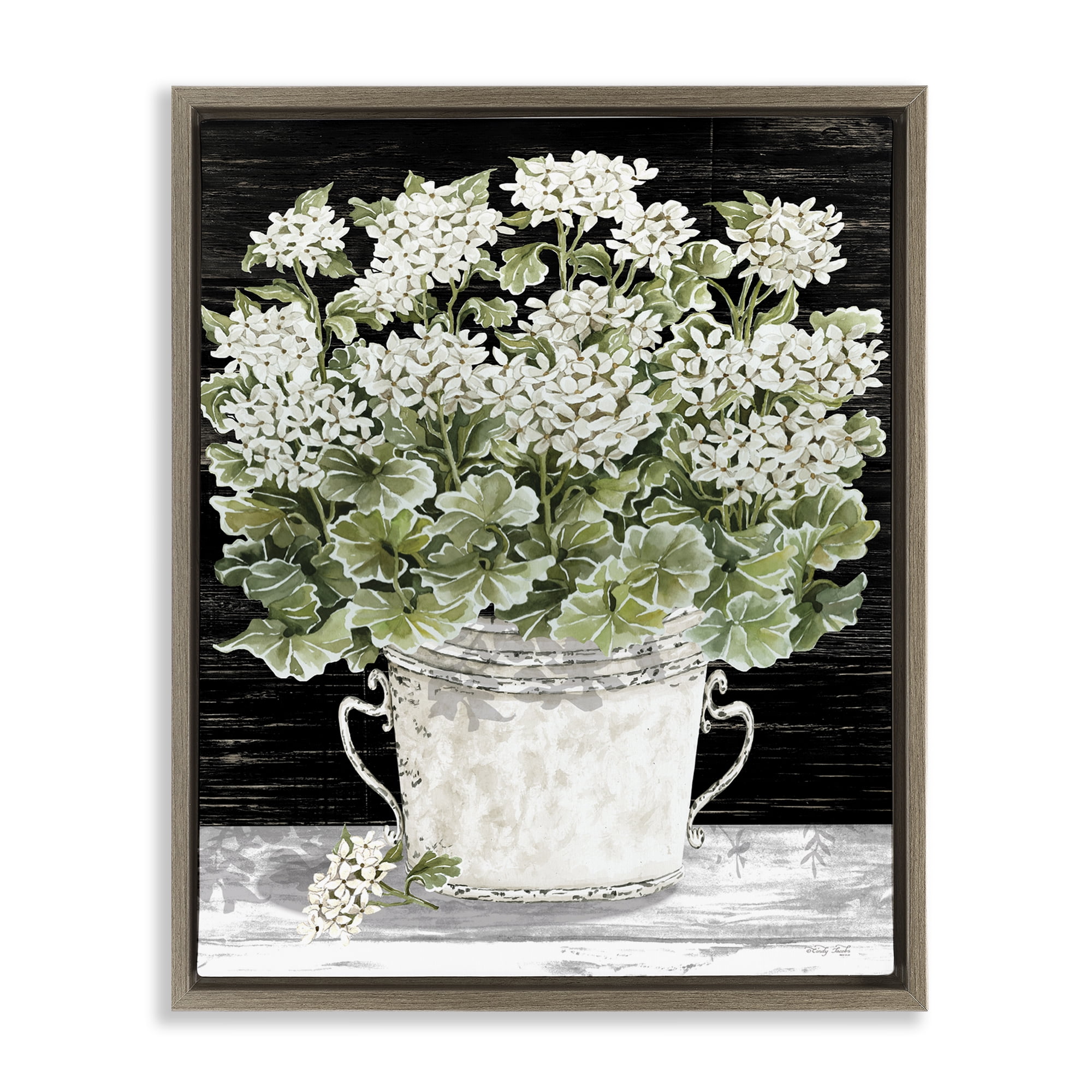 Stupell Industries Country Vase Baby's Breath Plants & Flowers Painting Brown Floater Framed Canvas Art Print Wall Art, 17 x 21