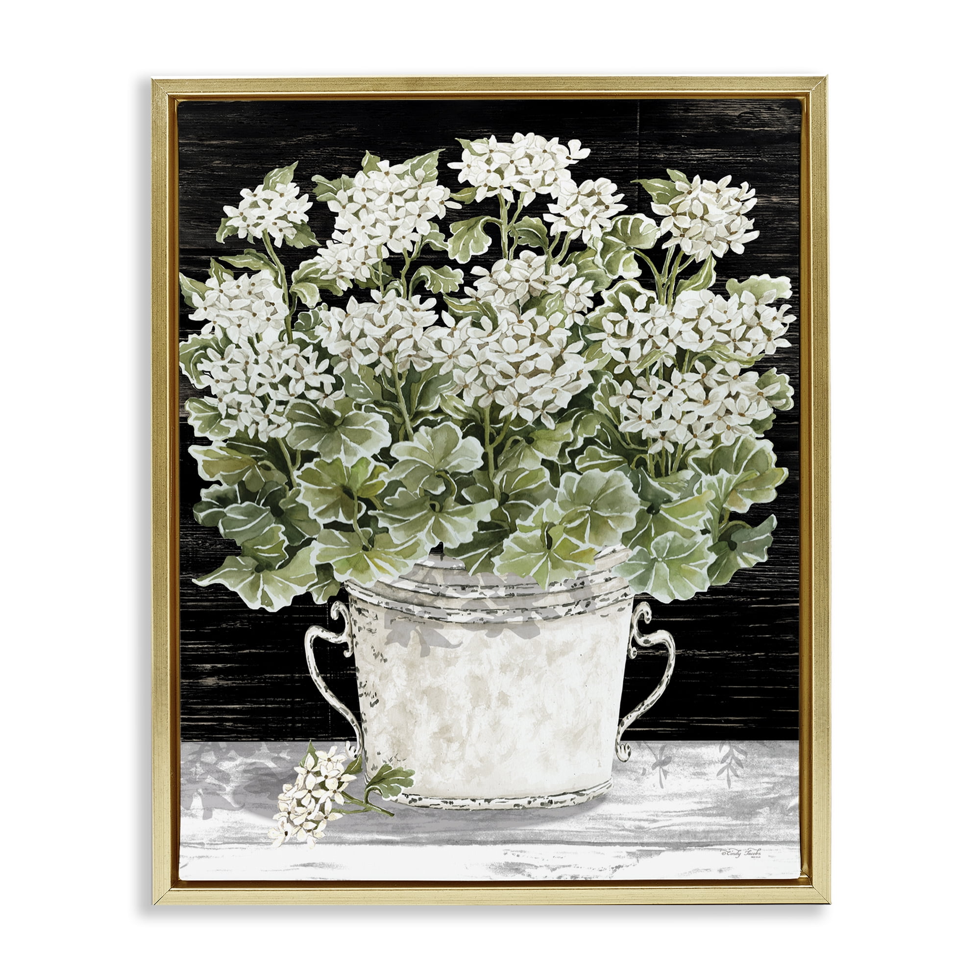 Stupell Industries Country Vase Baby's Breath Plants & Flowers Painting Gold Floater Framed Canvas Art Print Wall Art, 17 x 21
