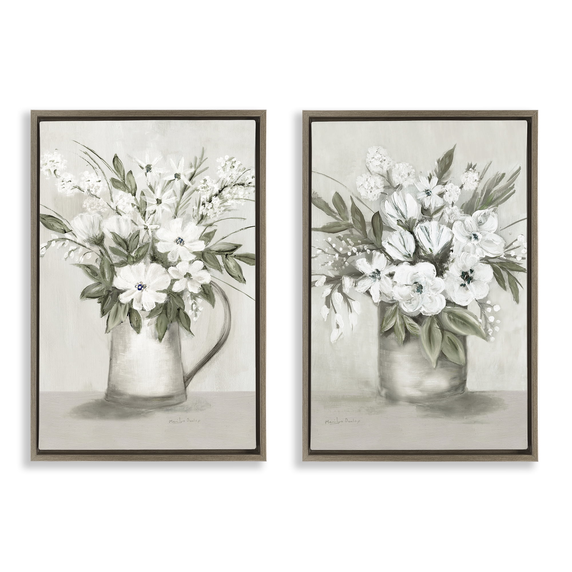 Stupell Industries Country Vases with Bouquets Plants & Flowers Painting Brown Floater Framed Canvas Art Print Wall Art, 21 x 31, Set of 2