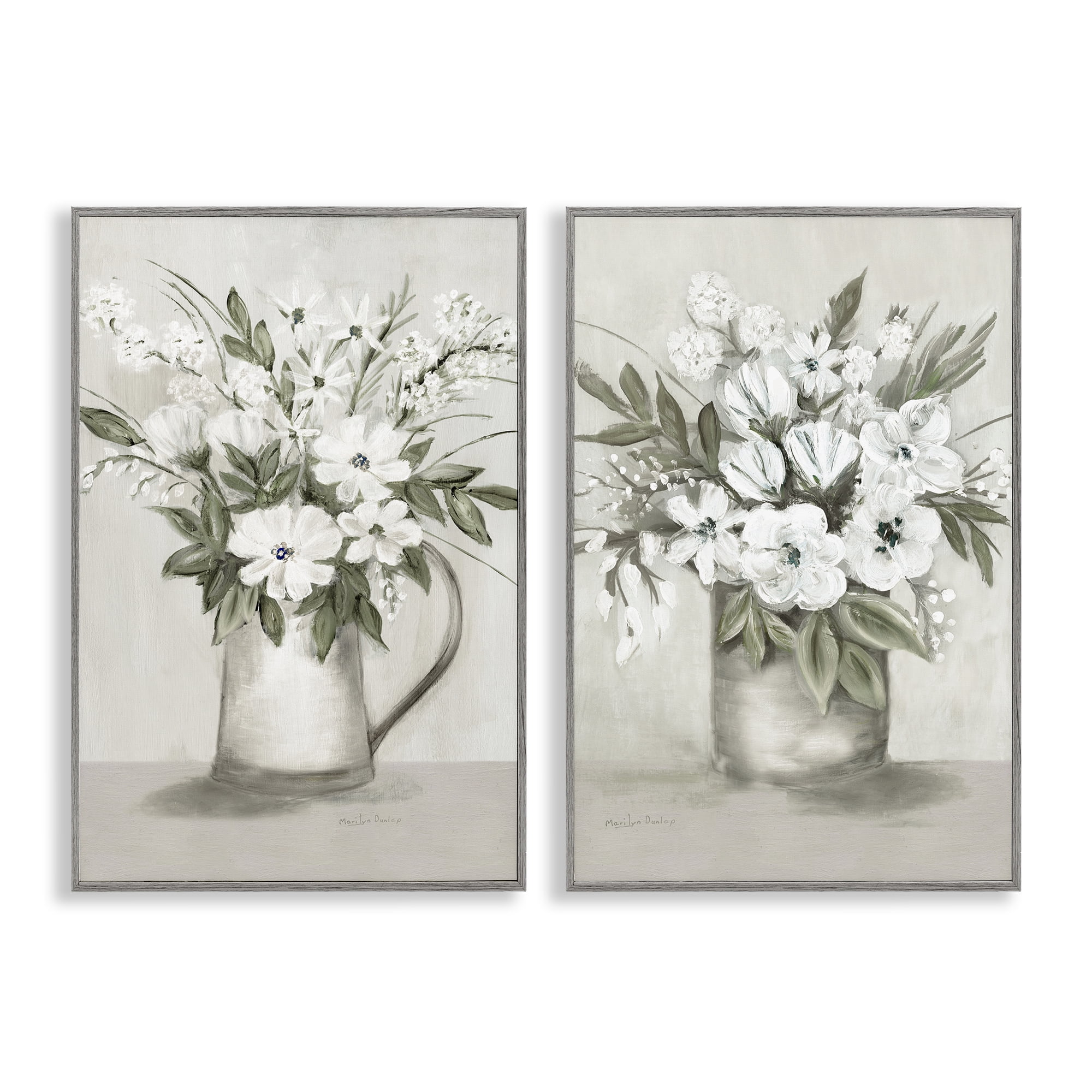 Stupell Industries Country Vases with Bouquets Plants & Flowers Painting Gray Framed Art Print Wall Art, 12 x 18, Set of 2
