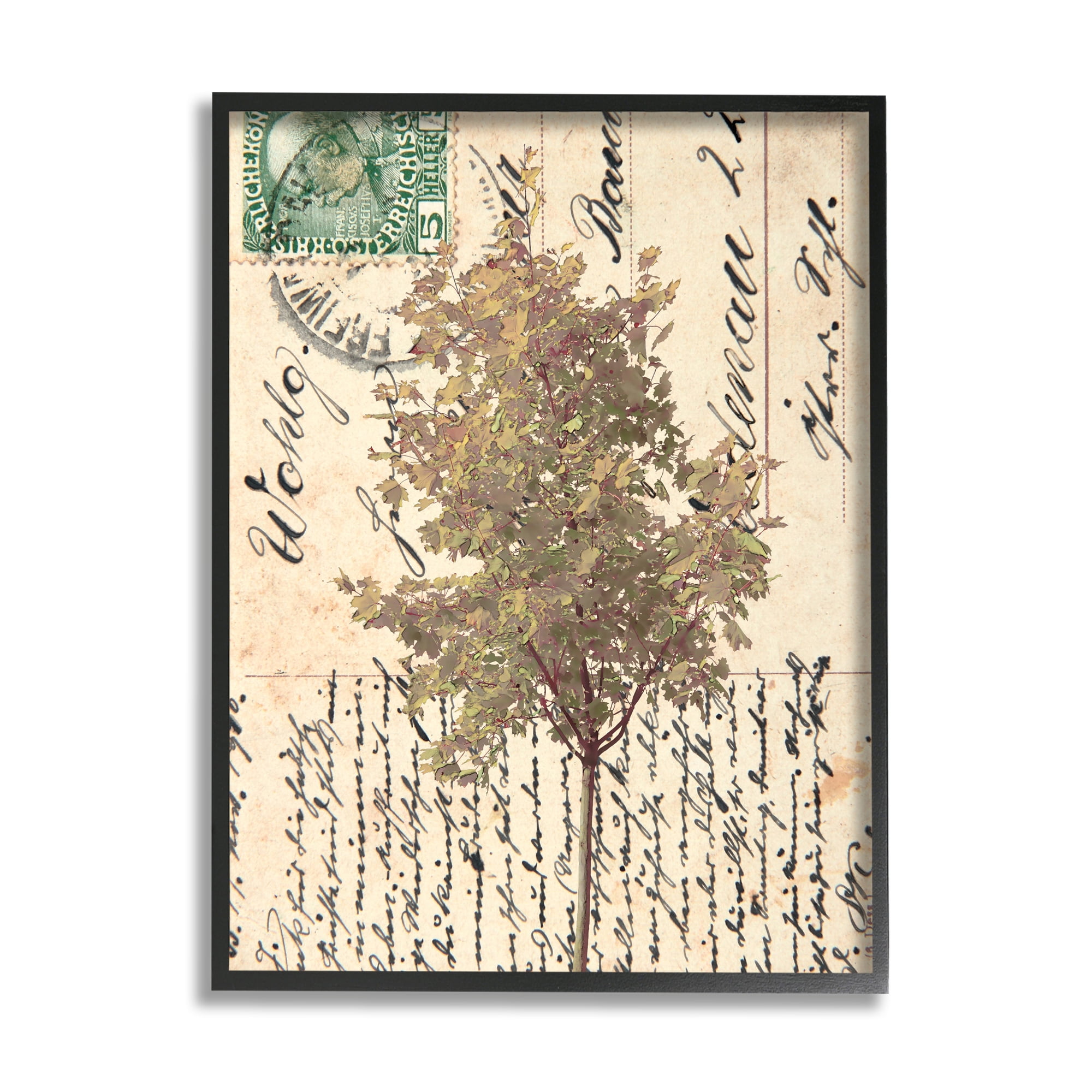 Stupell Industries Country Vintage Postal Card Autumn Tree Abstract Painting Black Framed Art Print Wall Art, 24 x 30