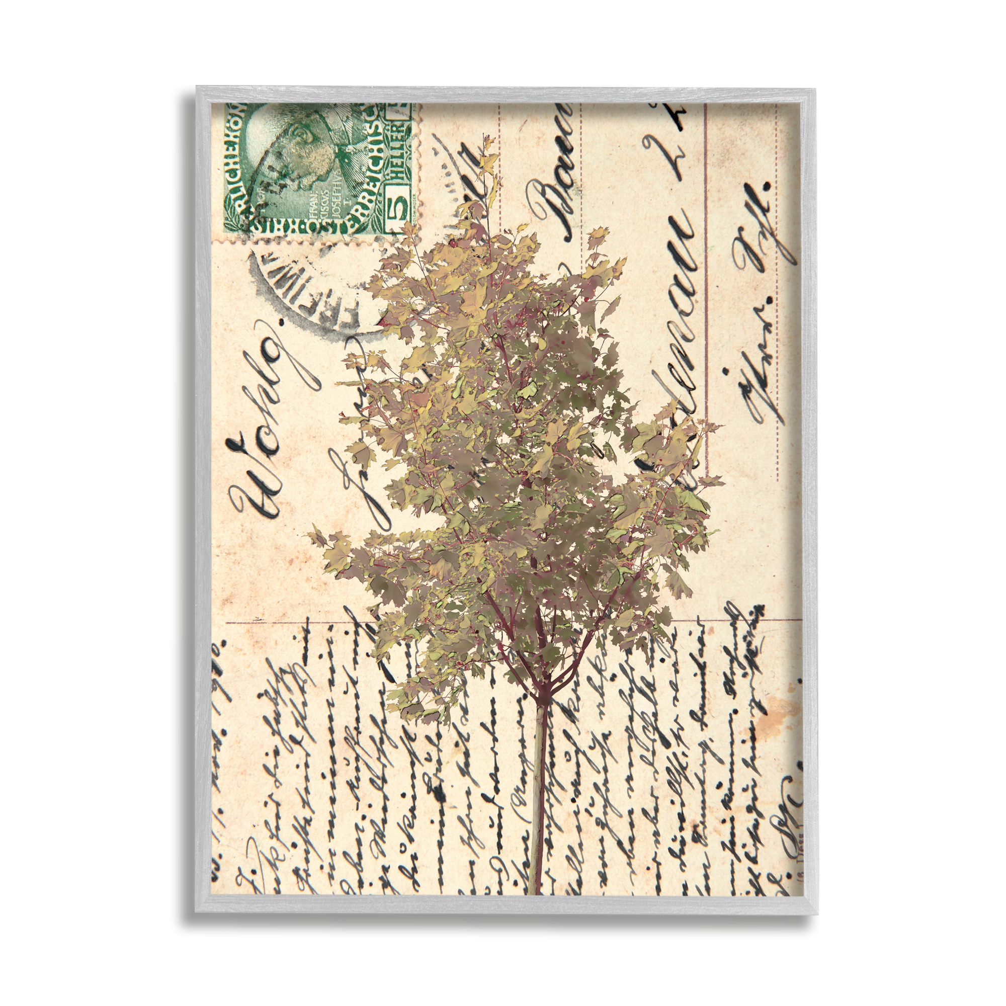 Stupell Industries Country Vintage Postal Card Autumn Tree Abstract Painting Gray Framed Art Print Wall Art, 11 x 14