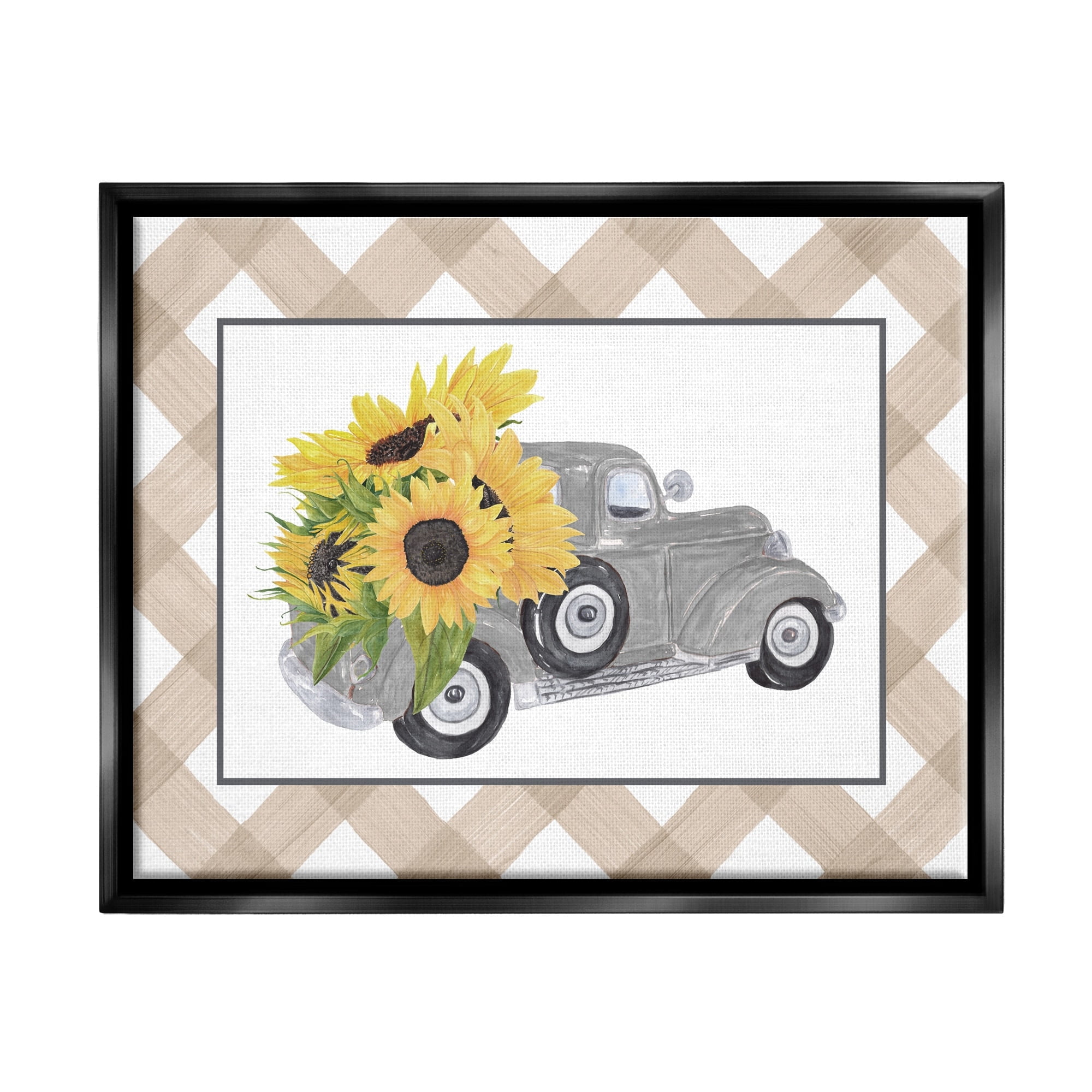 Stupell Industries Country Vintage Truck Carrying Sunflowers Plaid Border Graphic Art Jet Black Floating Framed Canvas Print Wall Art, Design by Lettered and Lined