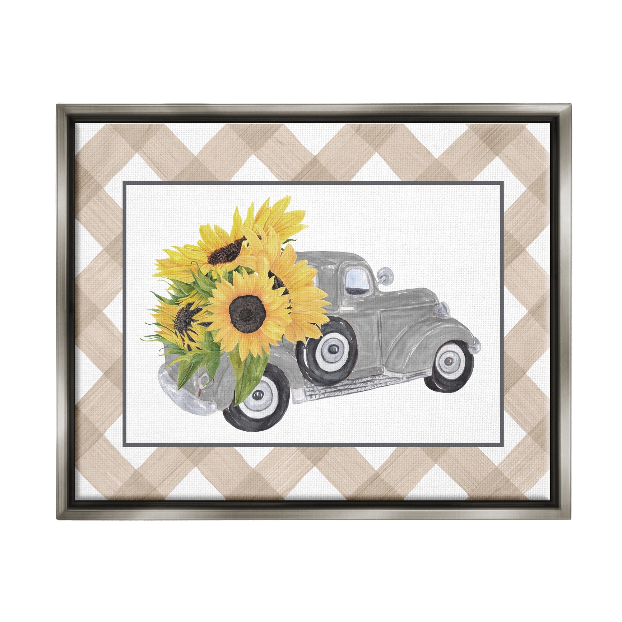 Stupell Industries Country Vintage Truck Carrying Sunflowers Plaid Border Graphic Art Luster Gray Floating Framed Canvas Print Wall Art, Design by Lettered and Lined