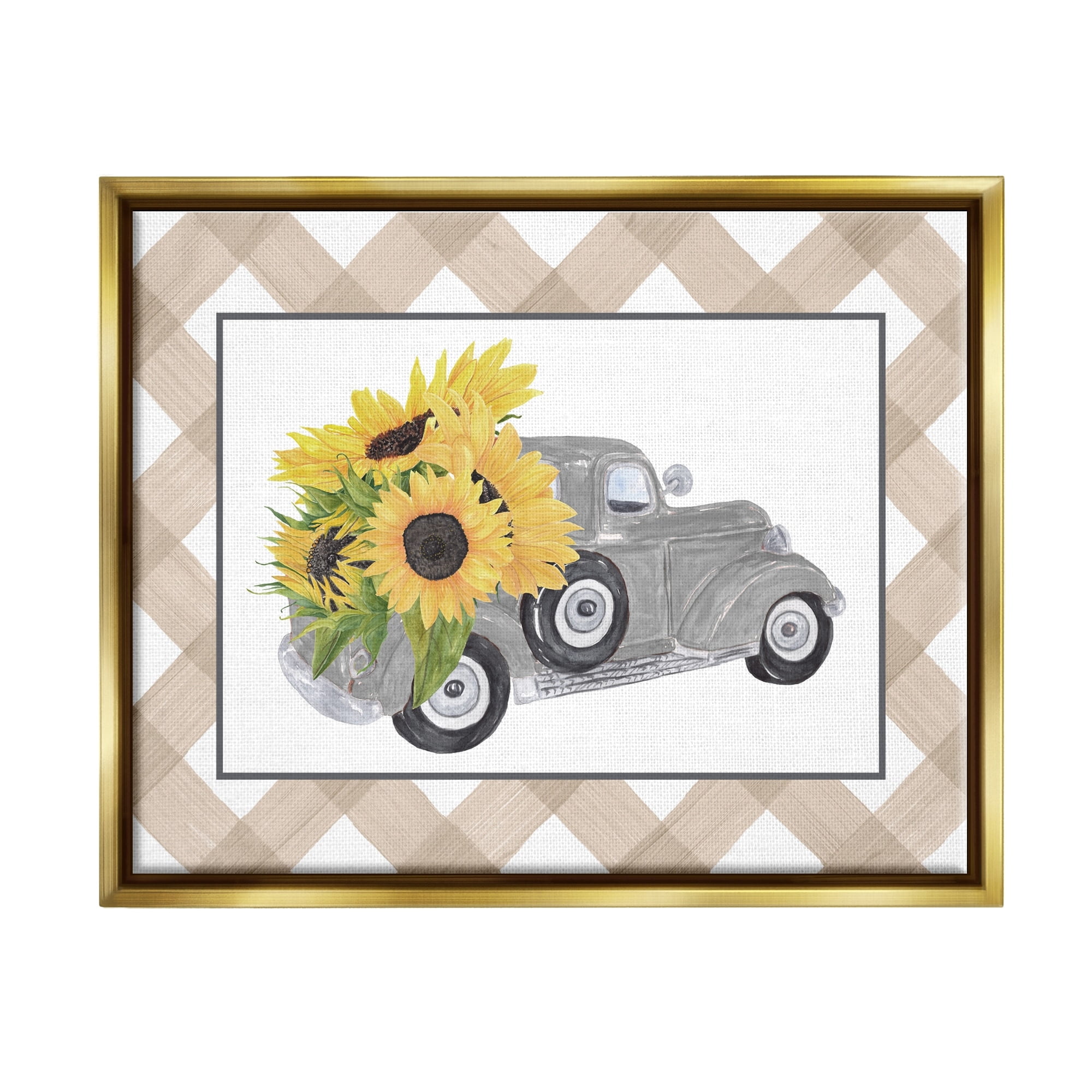 Stupell Industries Country Vintage Truck Carrying Sunflowers Plaid Border Graphic Art Metallic Gold Floating Framed Canvas Print Wall Art, Design by Lettered and Lined
