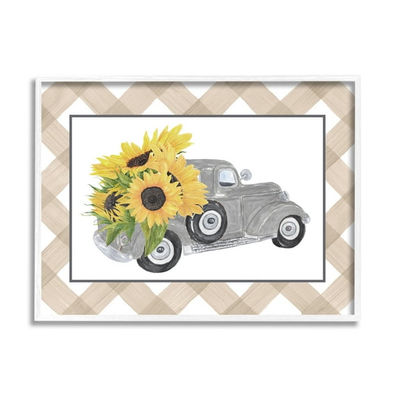 Stupell Industries Country Vintage Truck Carrying Sunflowers Plaid Border Graphic Art White Framed Art Print Wall Art, Design by Lettered and Lined