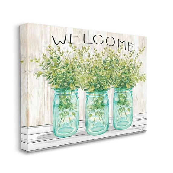 Stupell Industries Country Welcome Sign Greenery Bouquets Blue Jars Canvas Wall Art Design by Cindy Jacobs, 30" x 40"