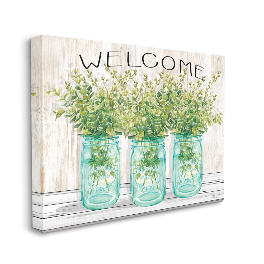 Stupell Industries Country Welcome Sign Greenery Bouquets Blue Jars Canvas Wall Art Design by Cindy Jacobs, 36" x 48"