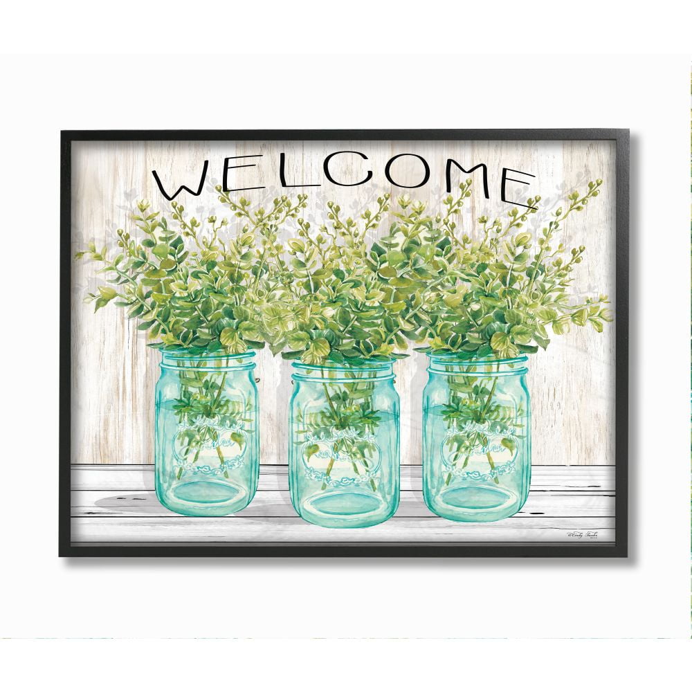 Stupell Industries Country Welcome Sign Greenery Bouquets Blue Jars Framed Wall Art Design by Cindy Jacobs, 16" x 20", Black Framed