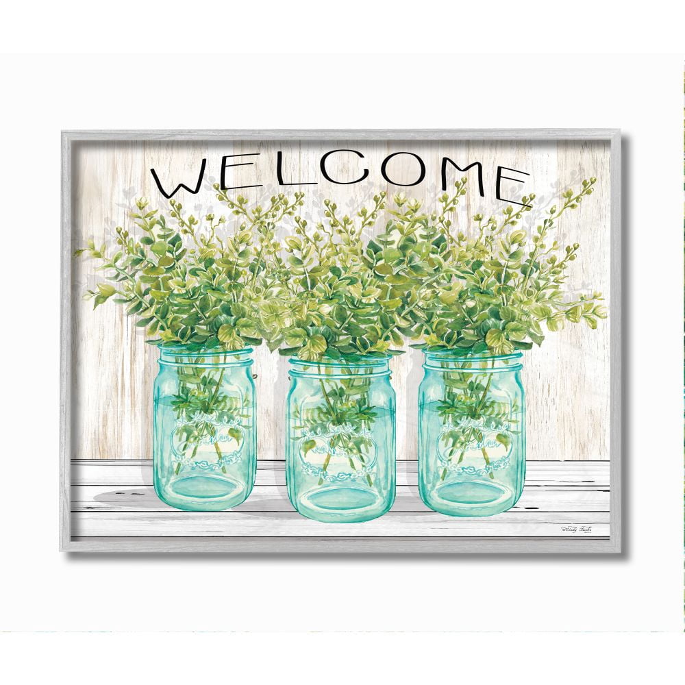 Stupell Industries Country Welcome Sign Greenery Bouquets Blue Jars Framed Wall Art Design by Cindy Jacobs, 16" x 20", Gray Framed