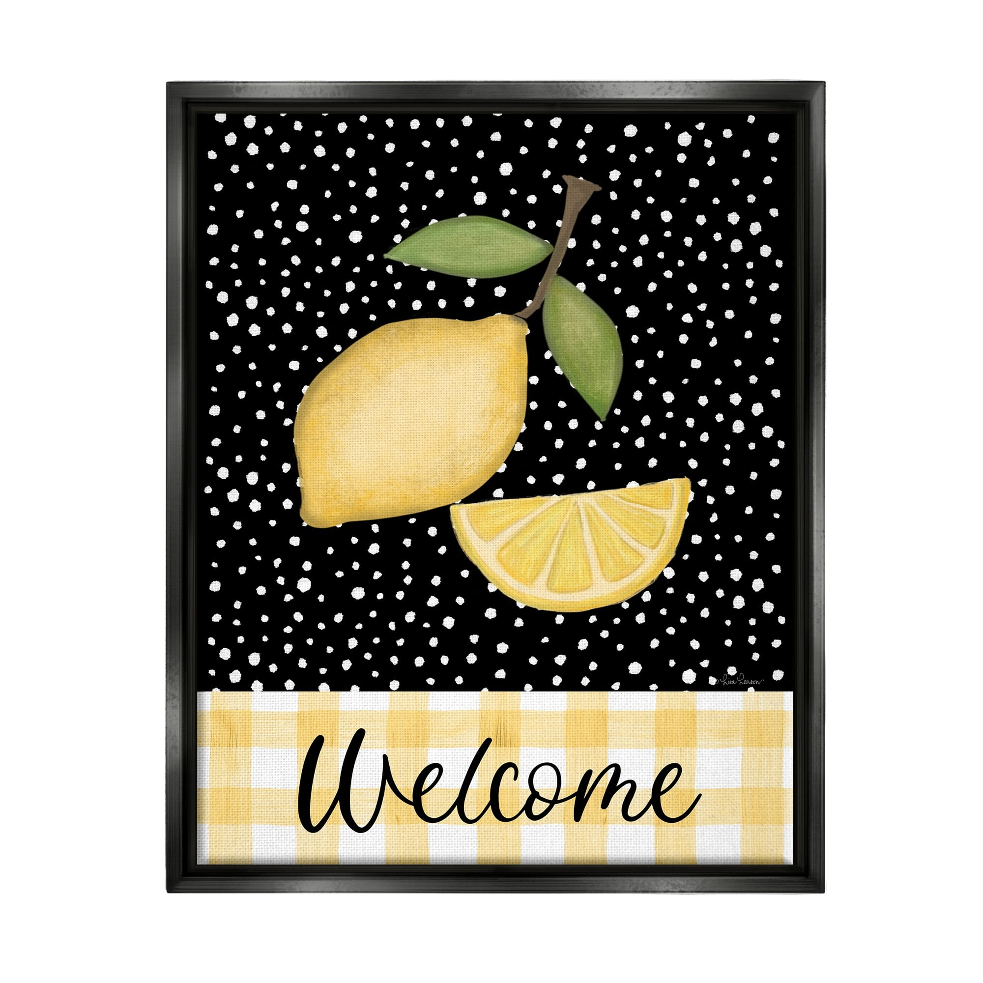 Stupell Industries Country Welcome Sign Polka Dot Pattern Lemons Graphic Art Jet Black Floating Framed Canvas Print Wall Art, Design by Lisa Larson Licensing
