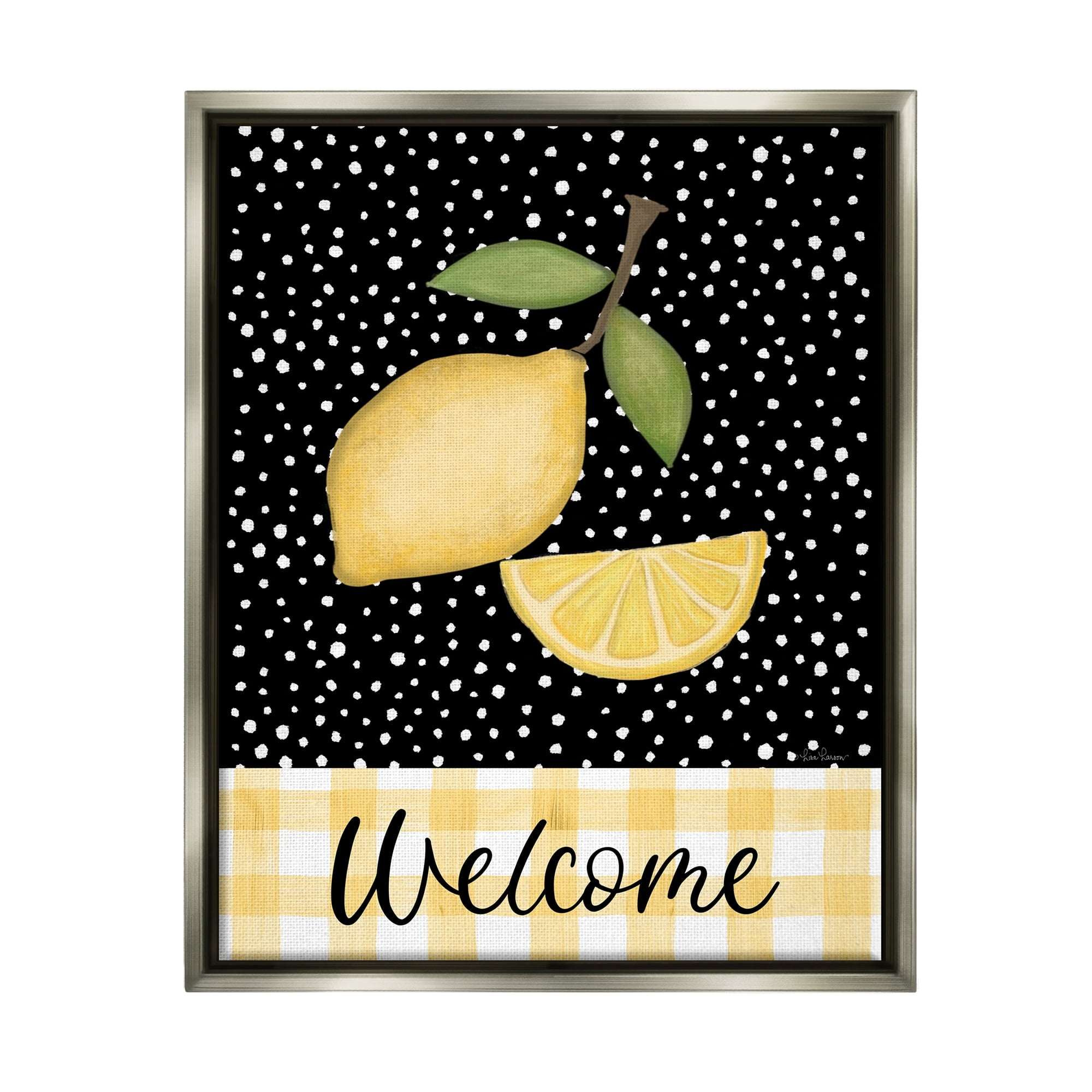 Stupell Industries Country Welcome Sign Polka Dot Pattern Lemons Graphic Art Luster Gray Floating Framed Canvas Print Wall Art, Design by Lisa Larson Licensing