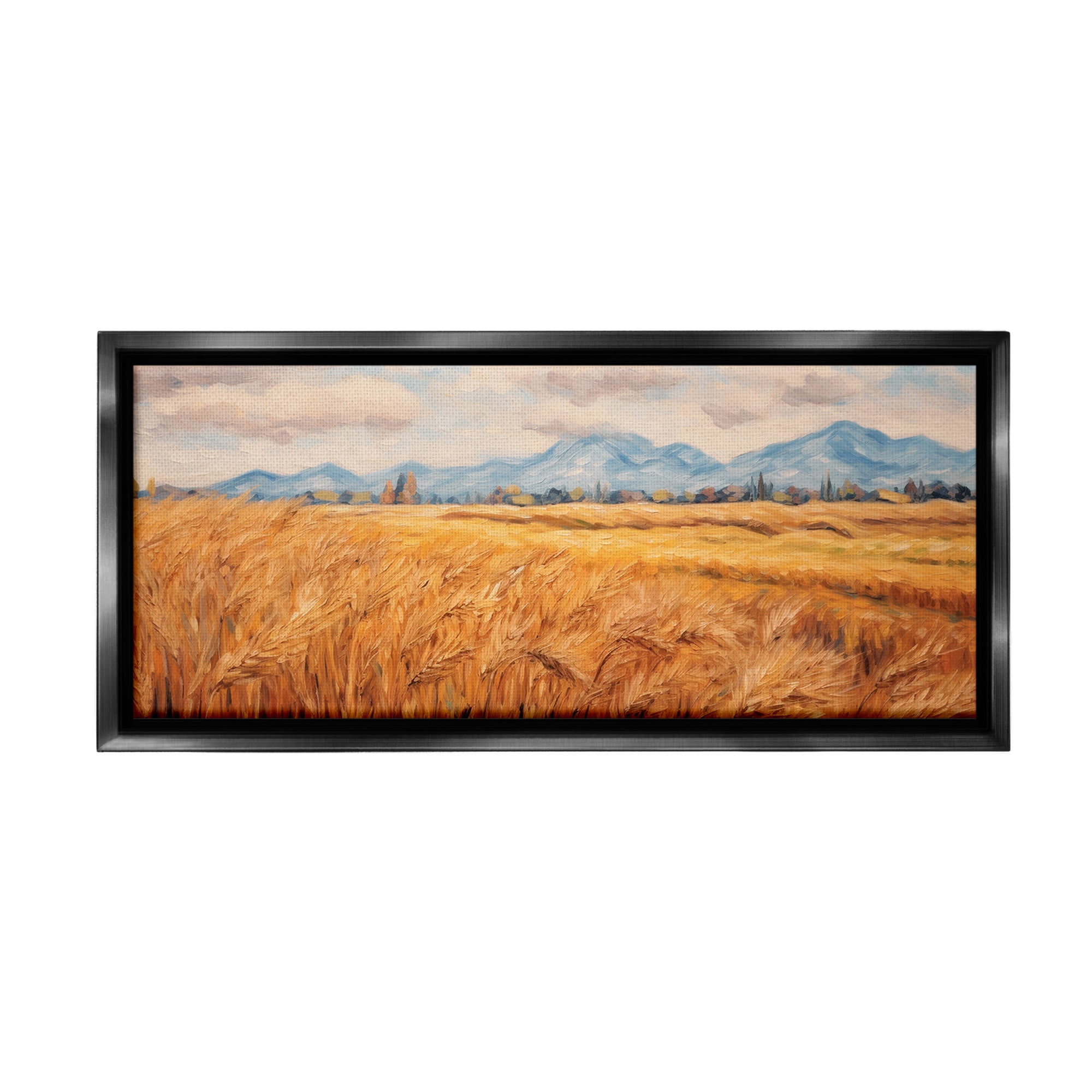 Stupell Industries Country Wheat & Mountains Landscape Painting Black Floater Framed Canvas Art Print Wall Art, 31 x 14