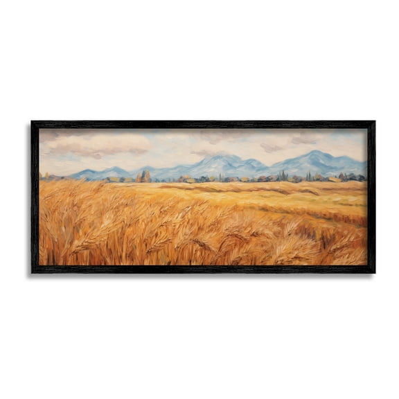 Stupell Industries Country Wheat & Mountains Landscape Painting Black Framed Art Print Wall Art, 24 x 10