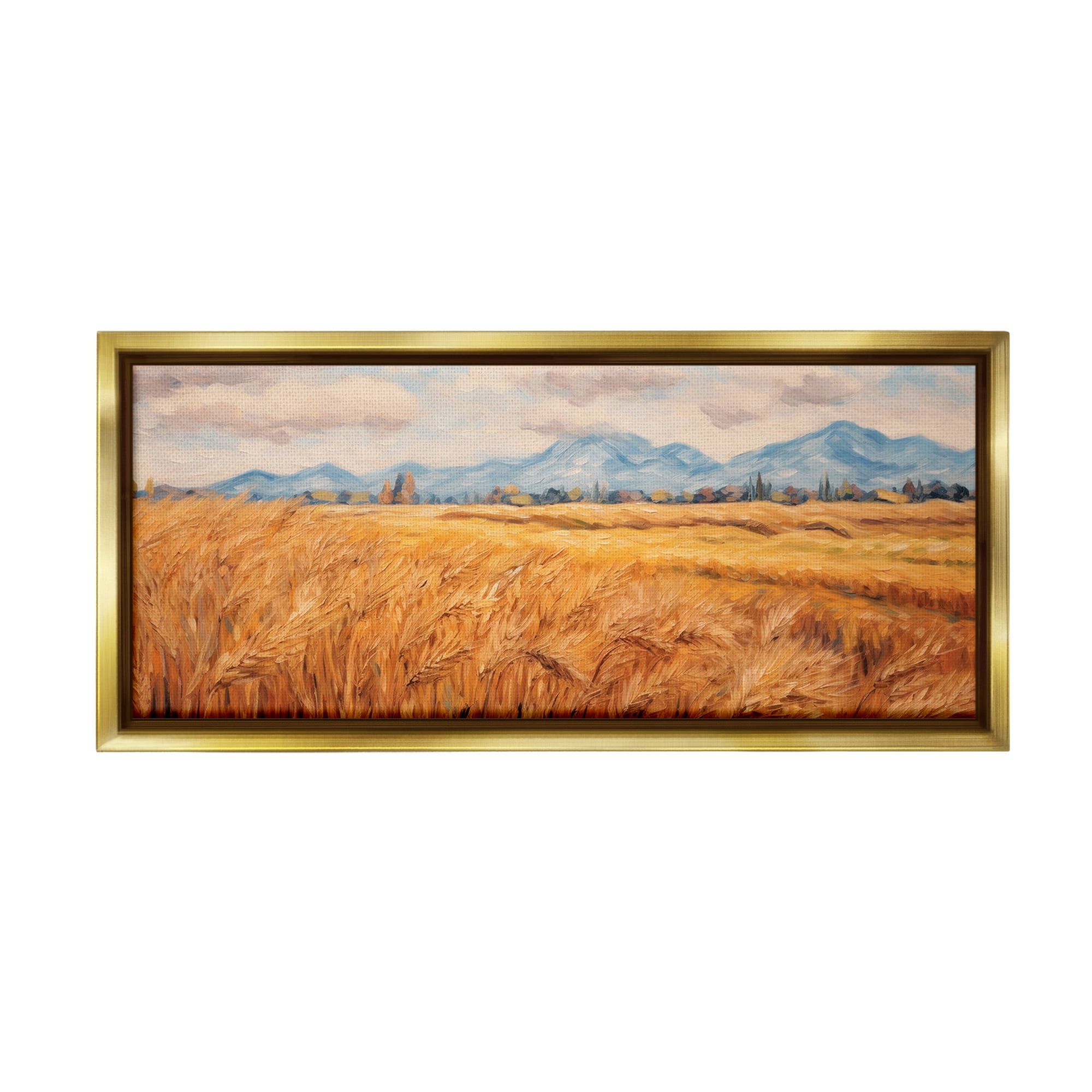 Stupell Industries Country Wheat & Mountains Landscape Painting Gold Floater Framed Canvas Art Print Wall Art, 31 x 14