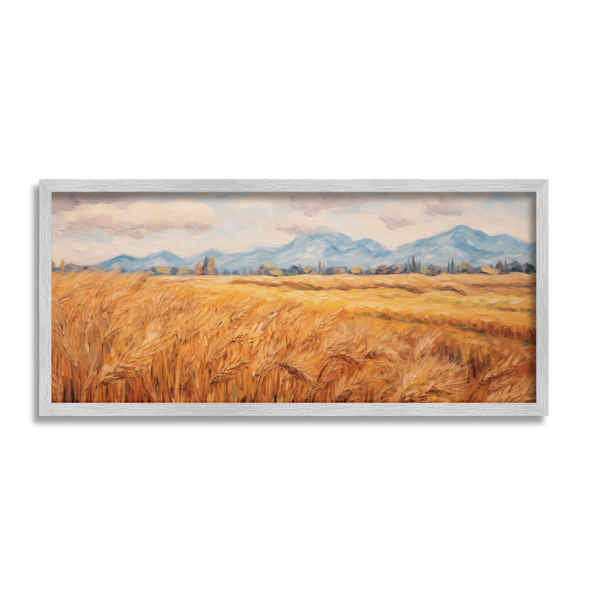 Stupell Industries Country Wheat & Mountains Landscape Painting Gray Framed Art Print Wall Art, 30 x 13