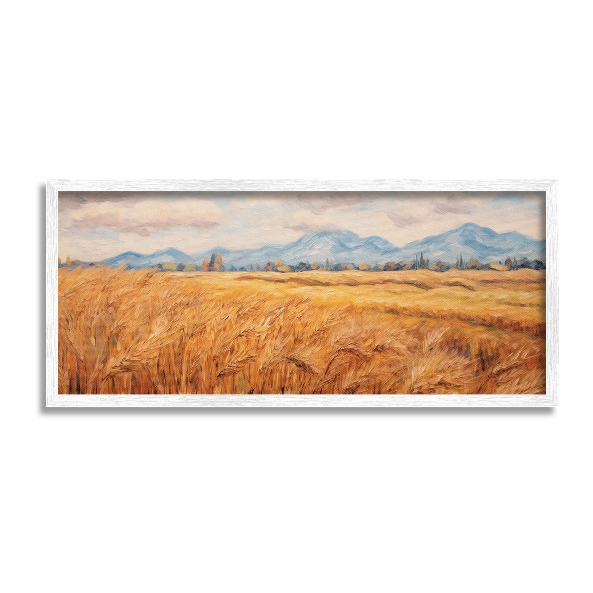 Stupell Industries Country Wheat & Mountains Landscape Painting White Framed Art Print Wall Art, 24 x 10