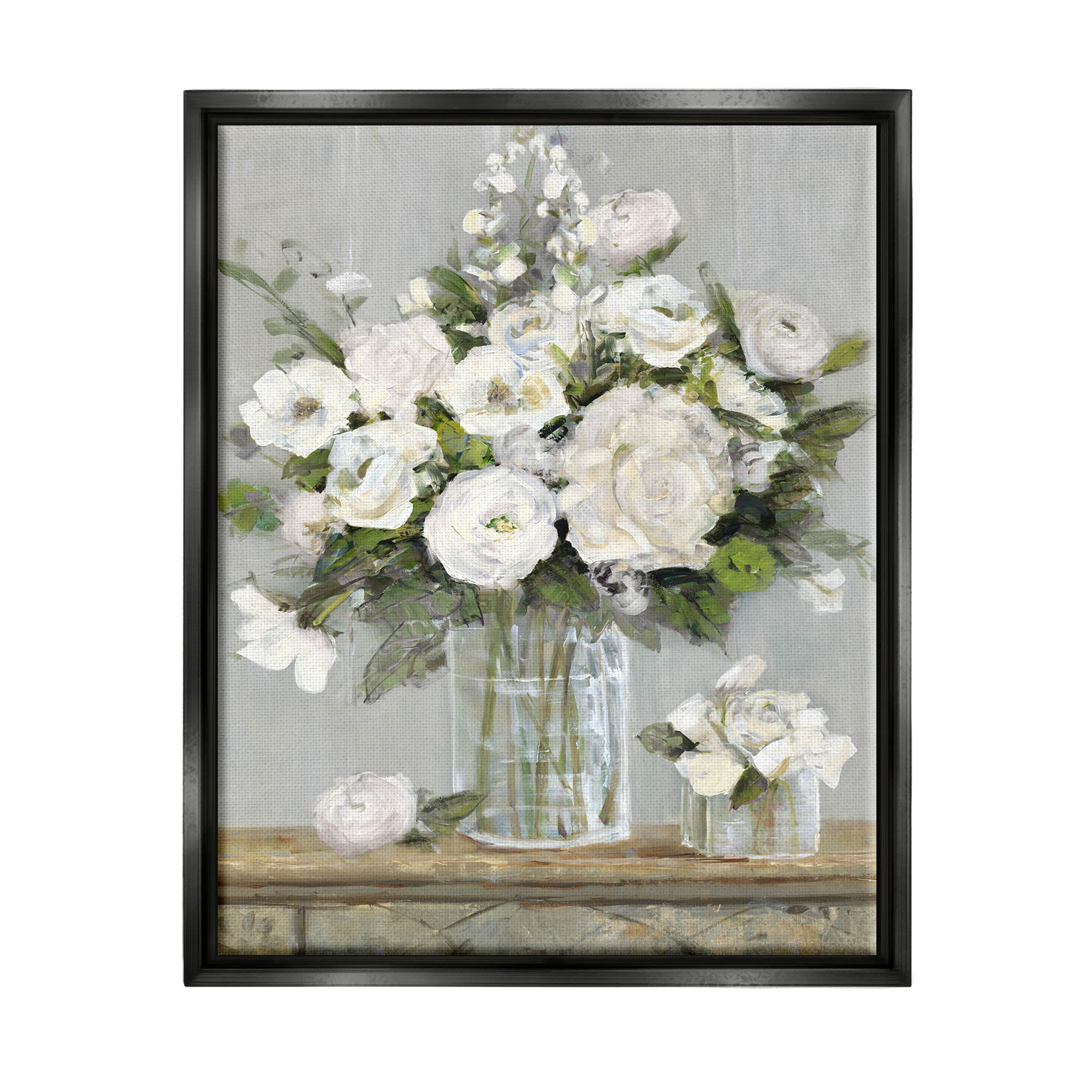 Stupell Industries Country White Floral Scene Painting Jet Black Floating Framed Canvas Print Wall Art, Design by Sally Swatland