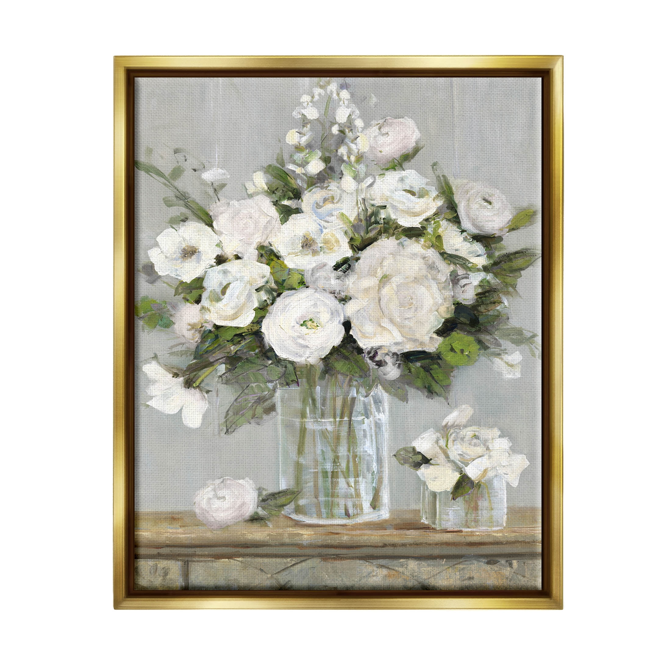Stupell Industries Country White Floral Scene Painting Metallic Gold Floating Framed Canvas Print Wall Art, Design by Sally Swatland