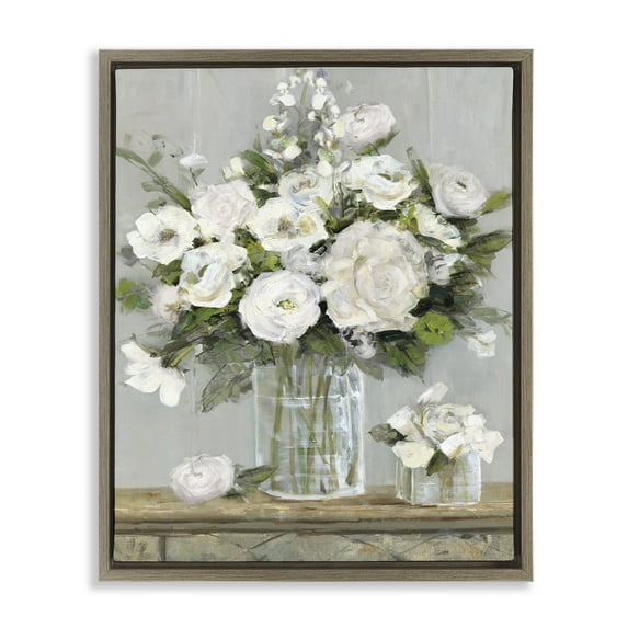 Stupell Industries Country White Full Blossoms Botanical & Floral Painting Brown Floater Framed Canvas Art Print Wall Art, 17 x 21