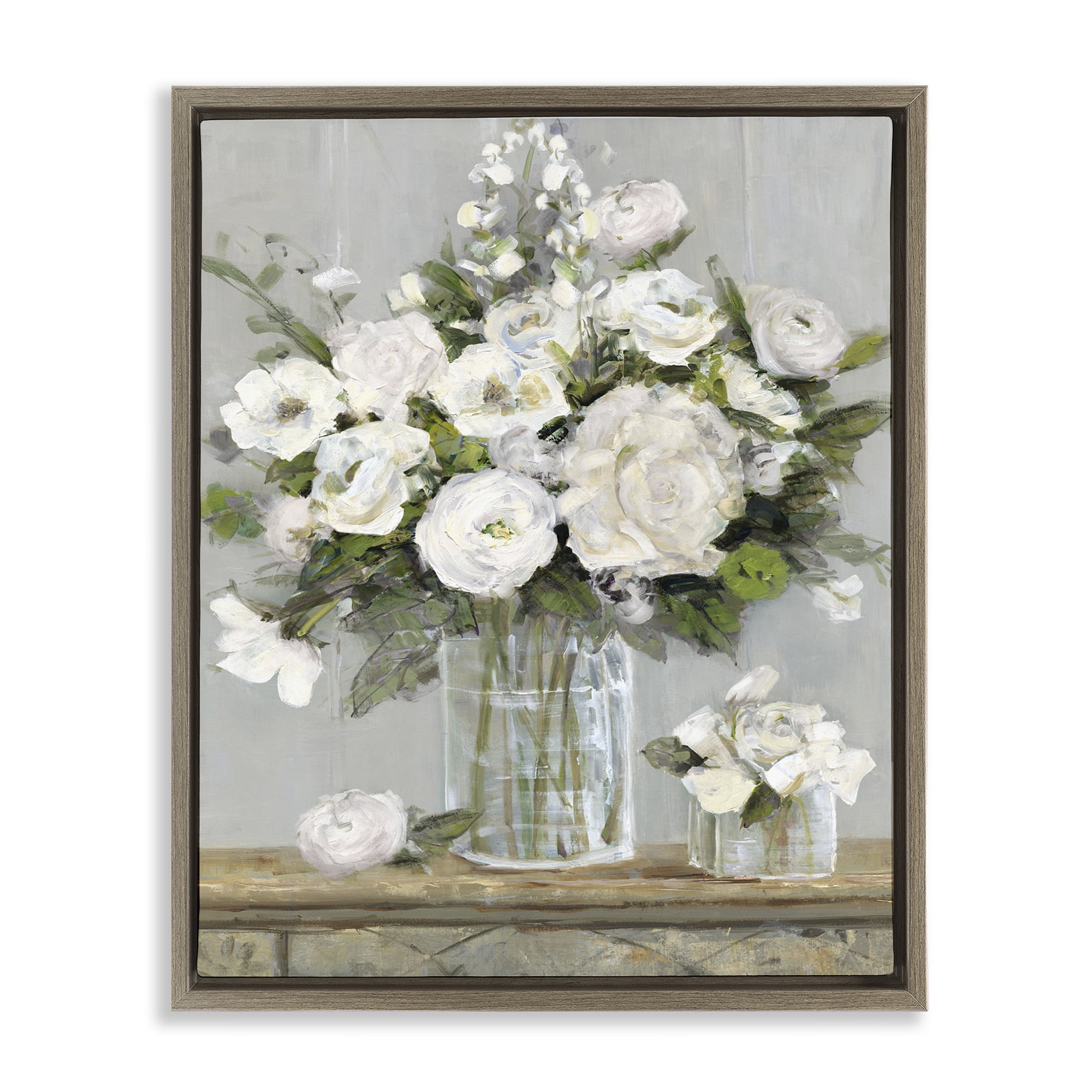Stupell Industries Country White Full Blossoms Botanical & Floral Painting Brown Floater Framed Canvas Art Print Wall Art, 25 x 31