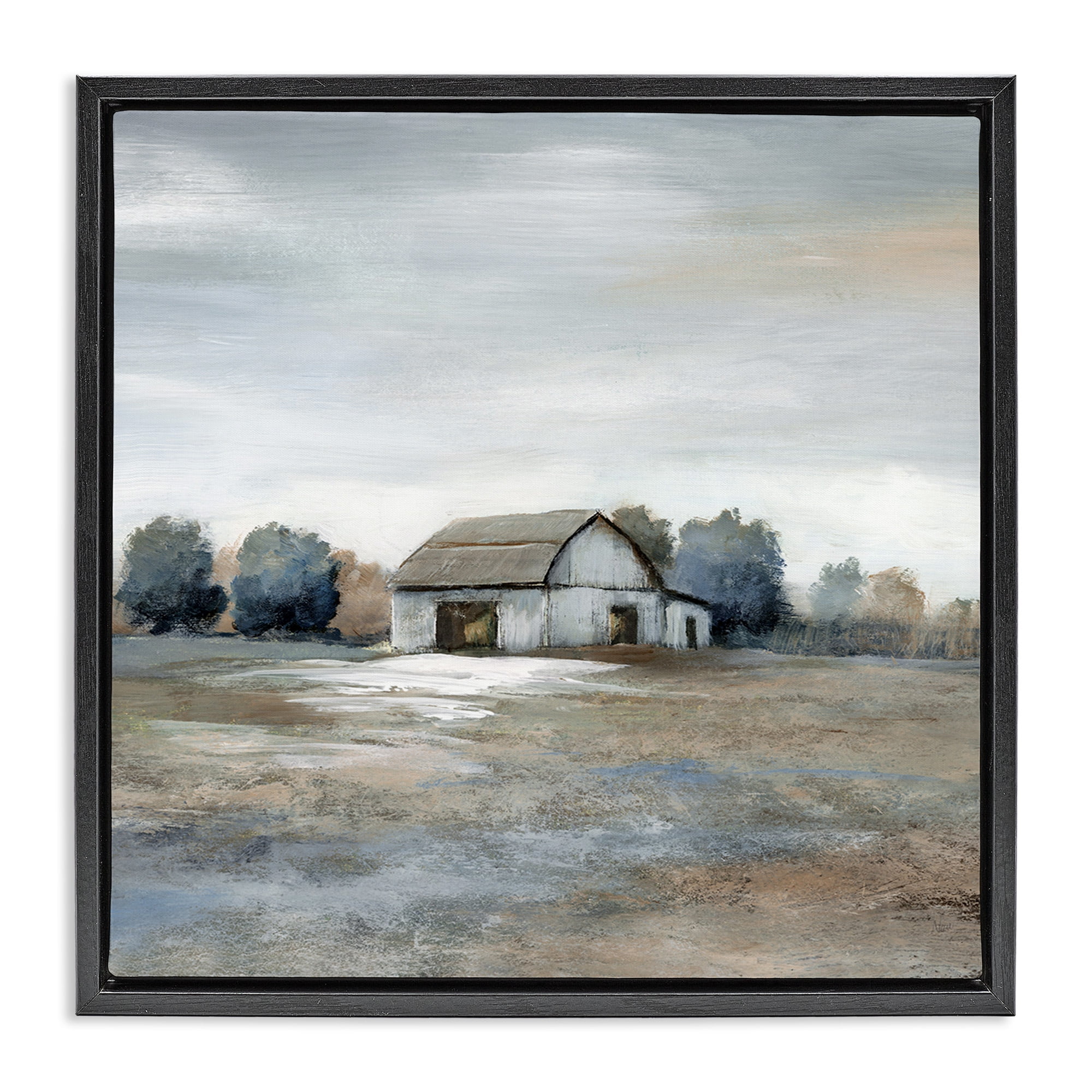 Stupell Industries Countryside Barn Neutral Tones Landscape Painting Black Floater Framed Canvas Art Print Wall Art, 25 x 25
