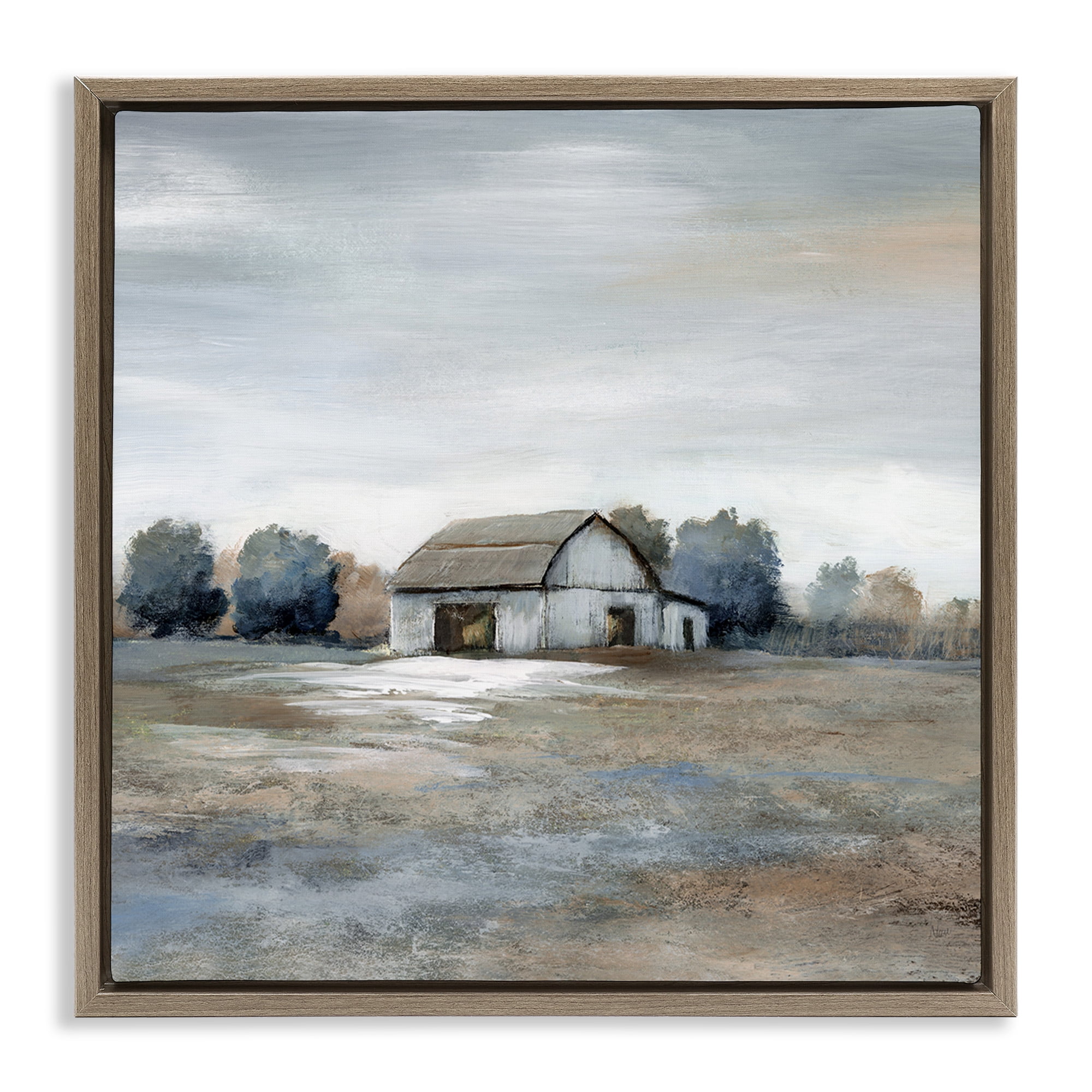 Stupell Industries Countryside Barn Neutral Tones Landscape Painting Brown Floater Framed Canvas Art Print Wall Art, 25 x 25