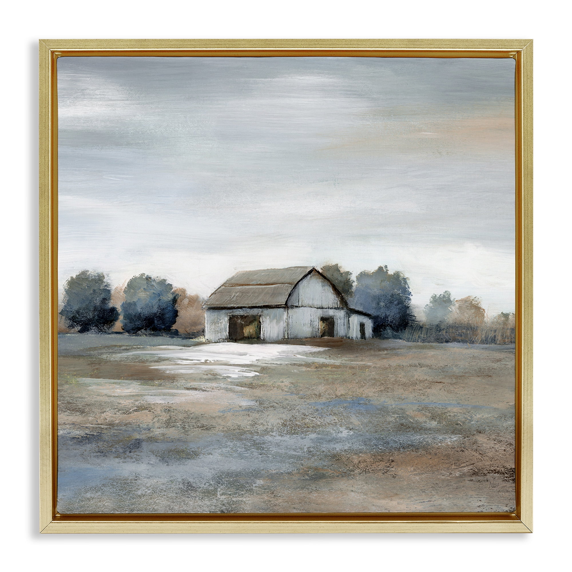 Stupell Industries Countryside Barn Neutral Tones Landscape Painting Gold Floater Framed Canvas Art Print Wall Art, 25 x 25
