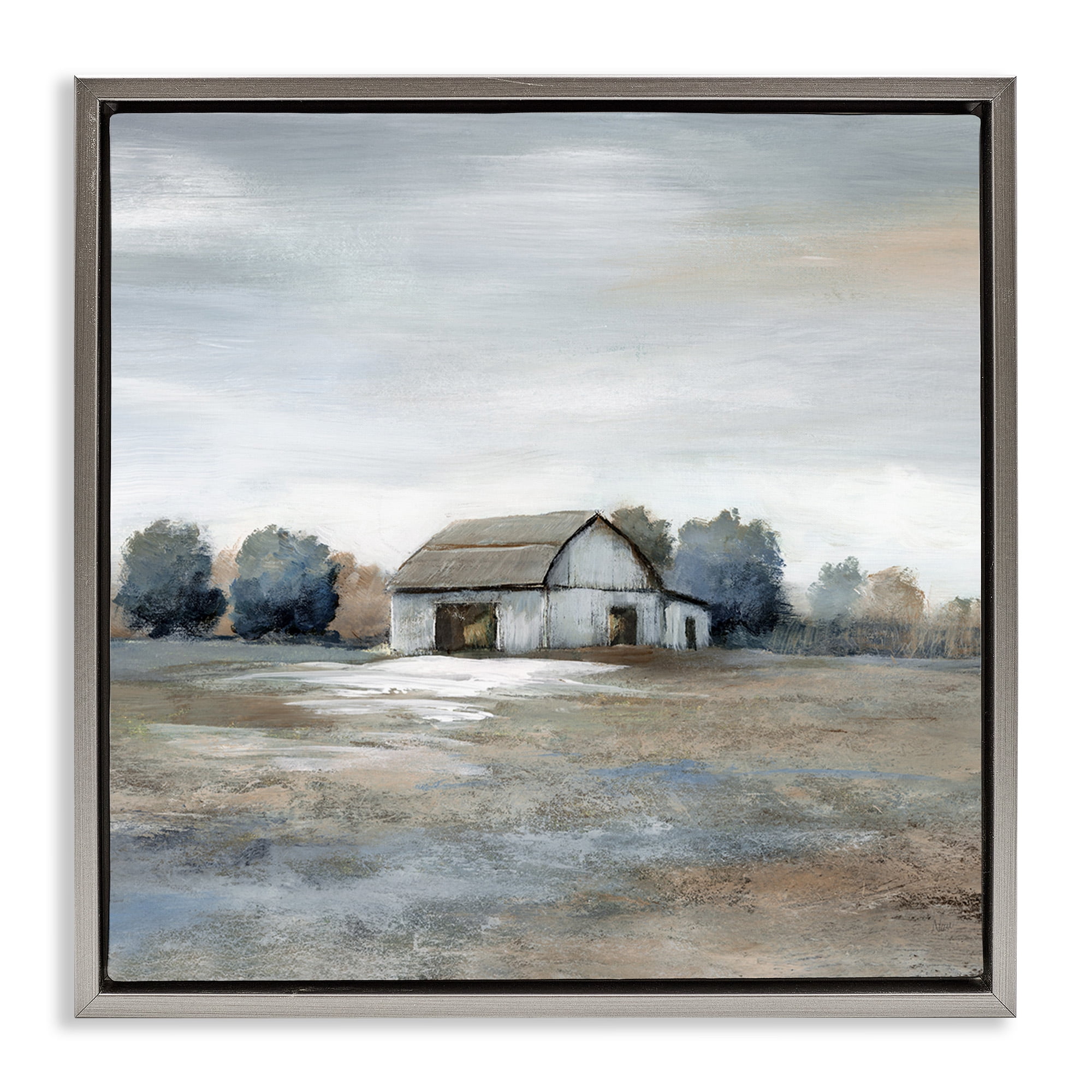 Stupell Industries Countryside Barn Neutral Tones Landscape Painting Gray Floater Framed Canvas Art Print Wall Art, 25 x 25