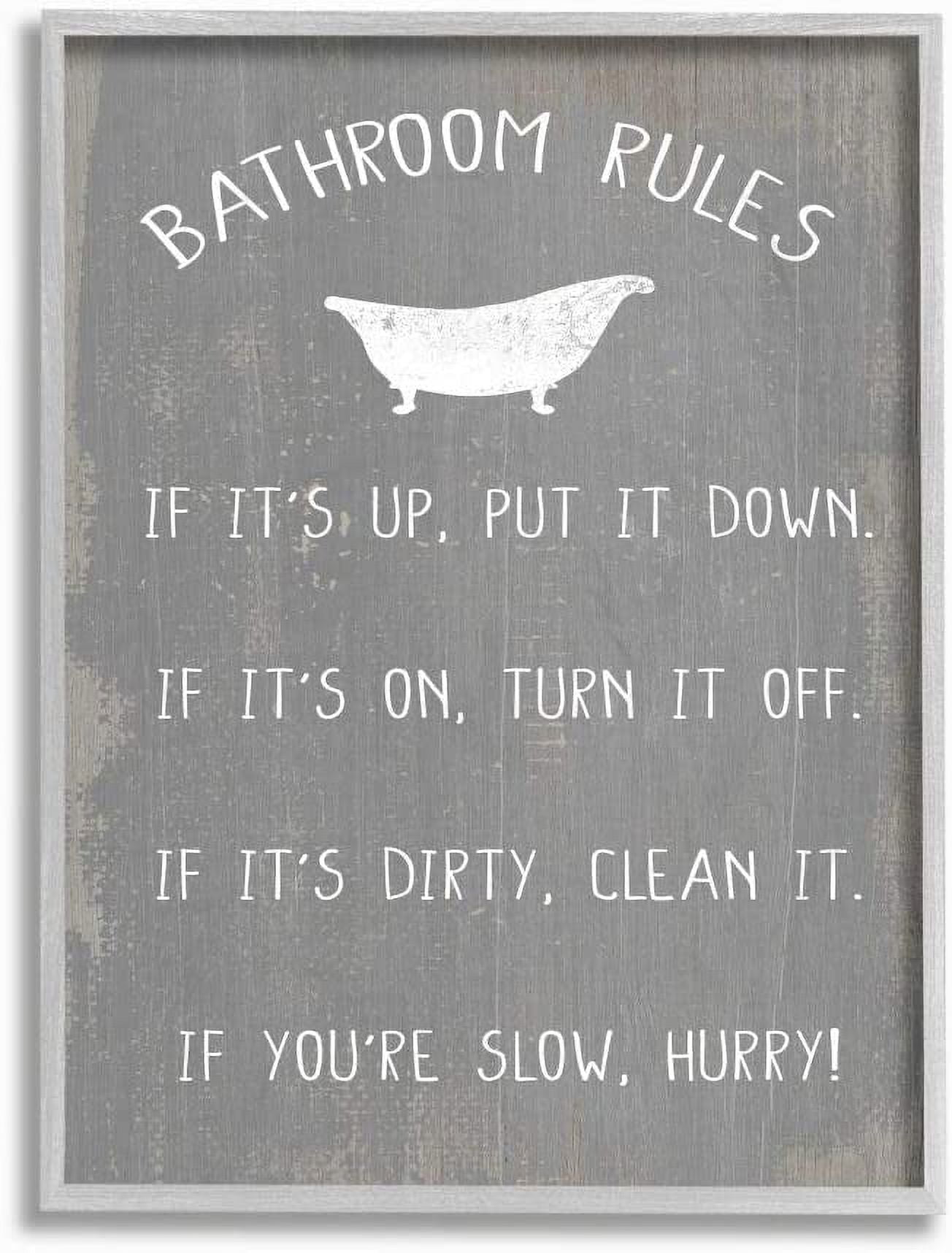 Stupell Industries Countryside Bathroom Rules Sign with Claw Bath Graphic Art Gray Framed Art Print Wall Art, 11x14, by Daphne Polselli