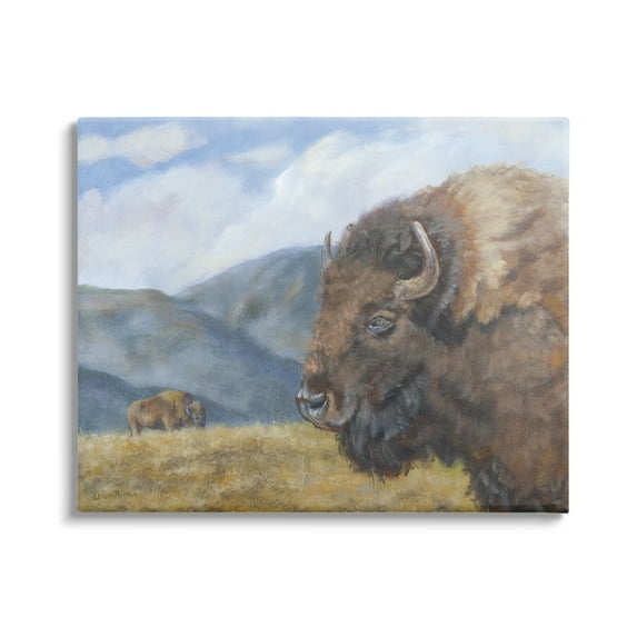 Stupell Industries Countryside Bison Grass Grazing Mountains Cloudy Landscape Country Painting Gallery-Wrapped Canvas Print Wall Art, 48 x 36, Design by Pam Britton