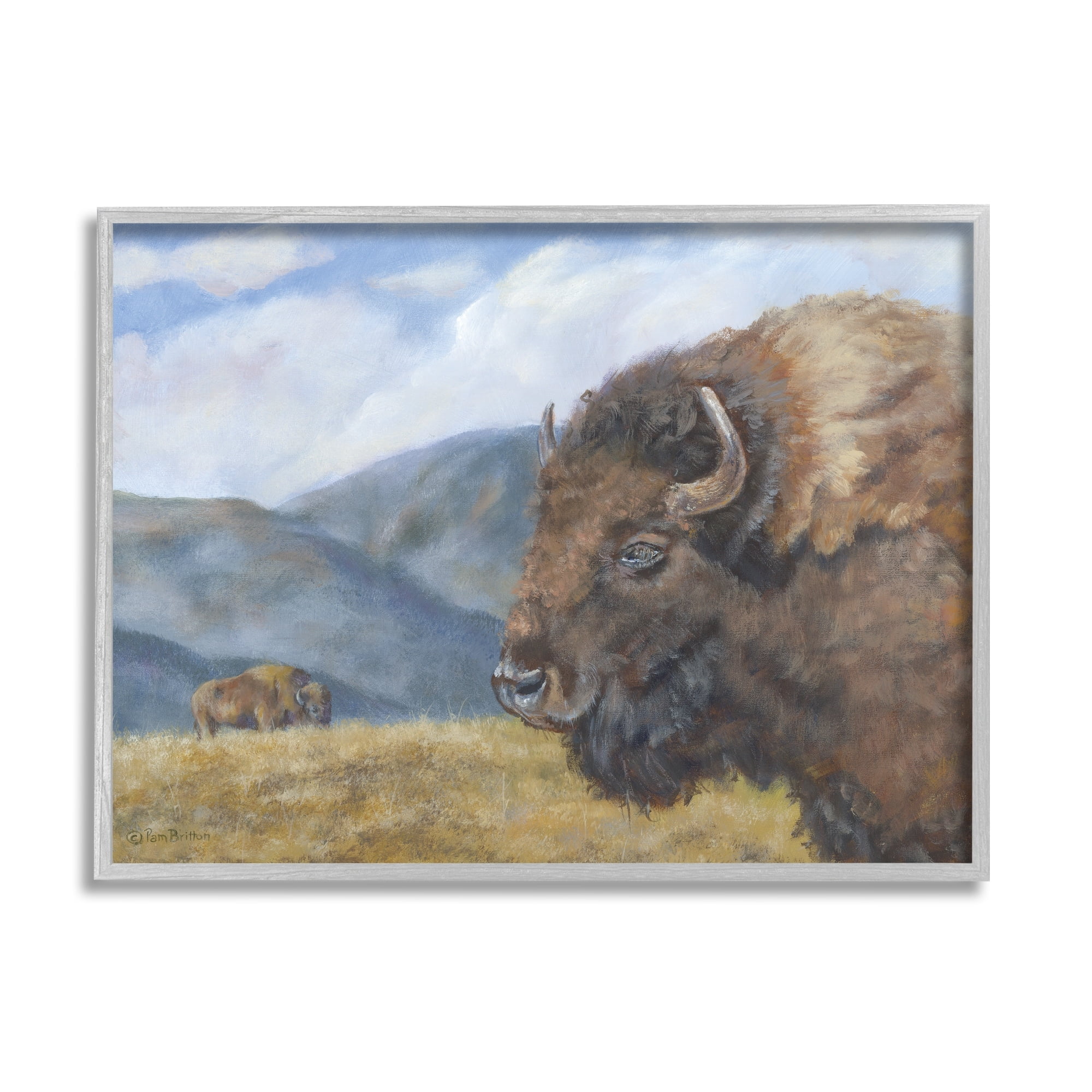 Stupell Industries Countryside Bison Grass Grazing Mountains Cloudy Landscape Paintings Gray Framed Art Print Wall Art, 14x11, by Pam Britton