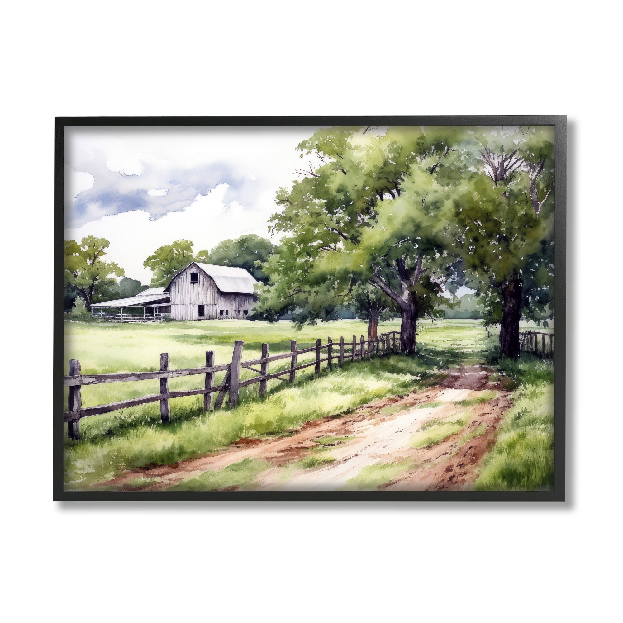 Stupell Industries Countryside Cottage Painting Landscape Painting Black Framed Art Print Wall Art, 30 x 24