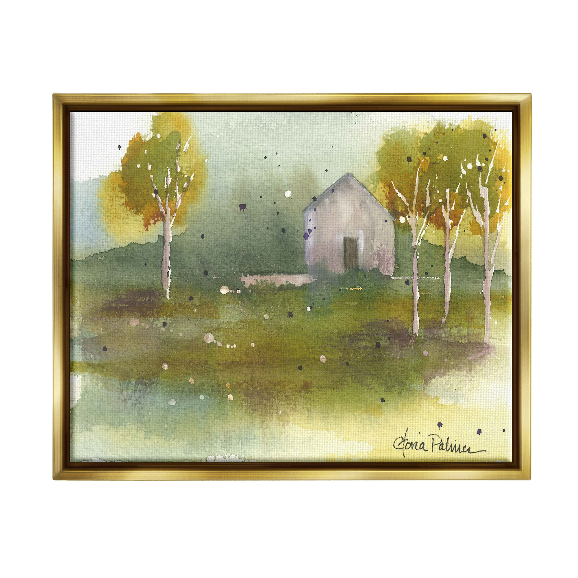 Stupell Industries Countryside Cottage Painting Landscape Painting Gold Floater Framed Art Print Wall Art