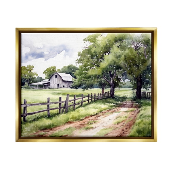 Stupell Industries Countryside Cottage Painting Landscape Painting Gold Floater Framed Canvas Art Print Wall Art, 21 x 17