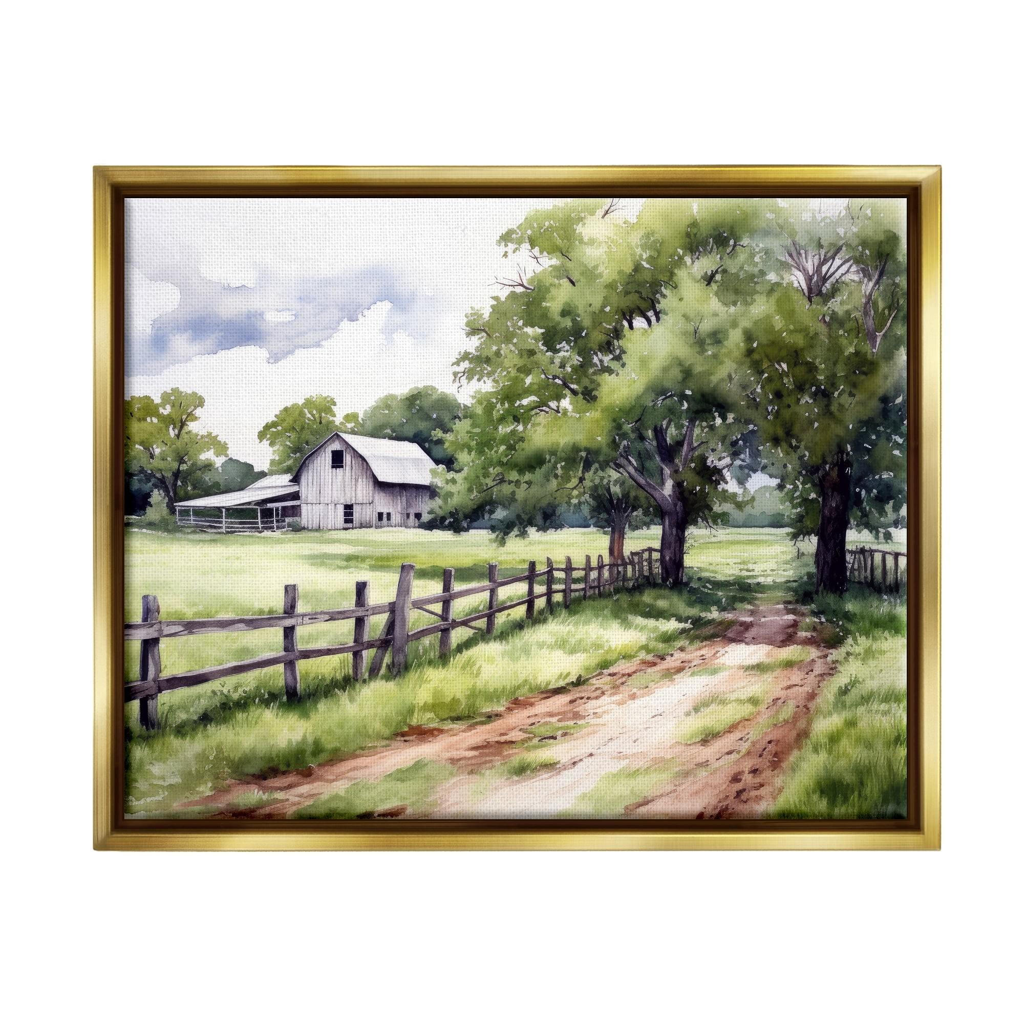 Stupell Industries Countryside Cottage Painting Landscape Painting Gold Floater Framed Canvas Art Print Wall Art, 31 x 25