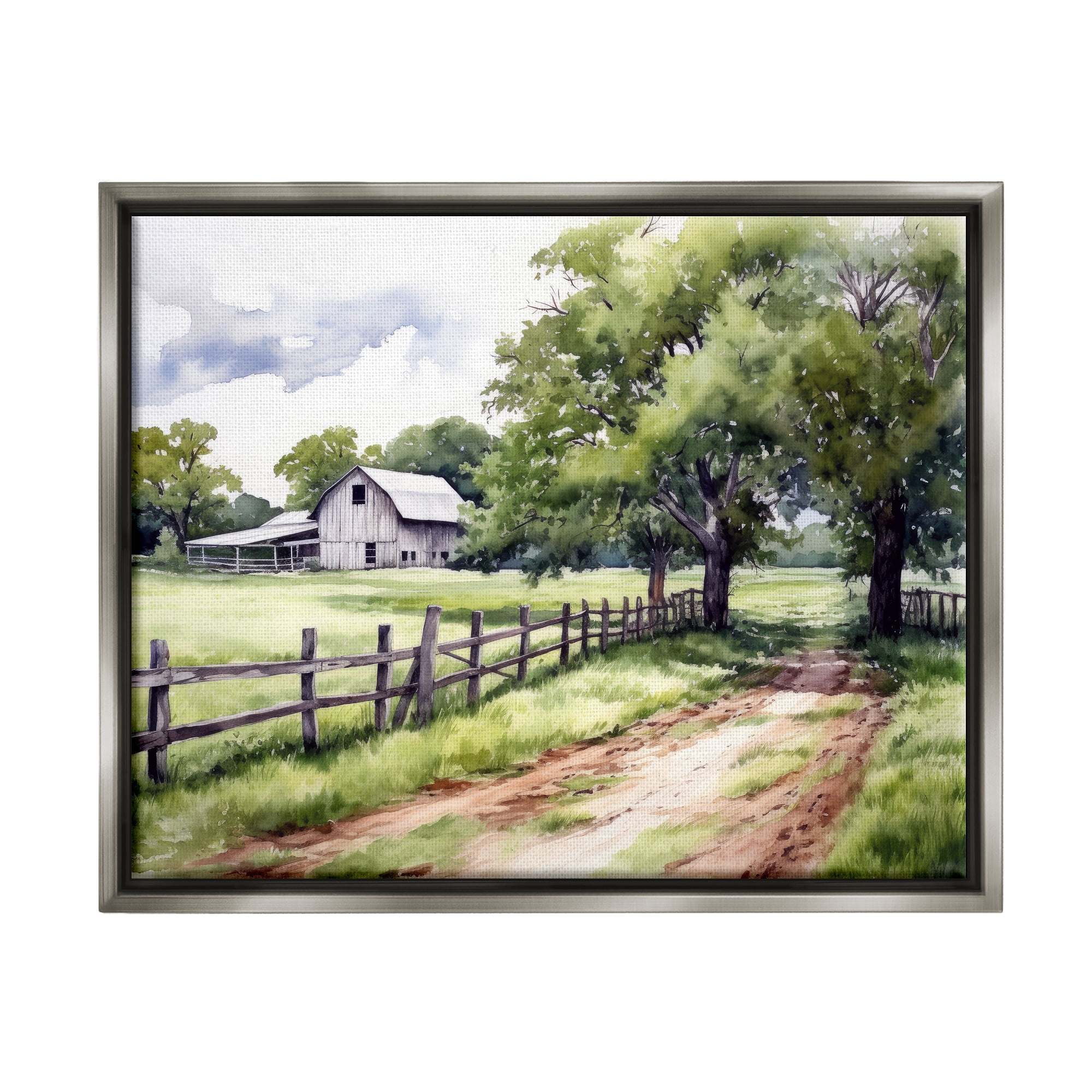 Stupell Industries Countryside Cottage Painting Landscape Painting Gray Floater Framed Canvas Art Print Wall Art, 21 x 17