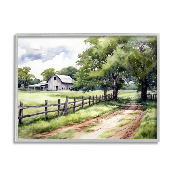 Stupell Industries Countryside Cottage Painting Landscape Painting Gray Framed Art Print Wall Art, 30 x 24