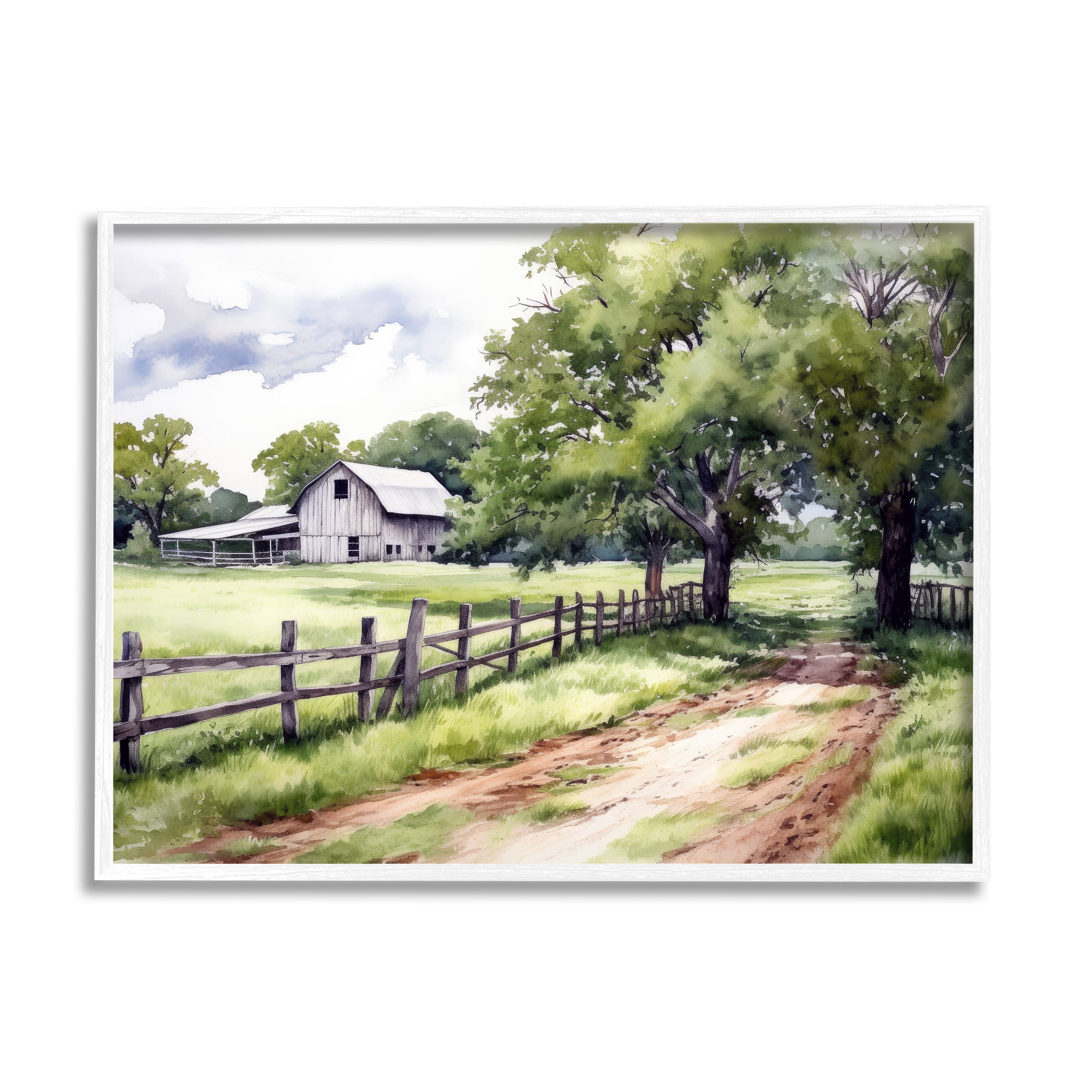 Stupell Industries Countryside Cottage Painting Landscape Painting White Framed Art Print Wall Art, 30 x 24