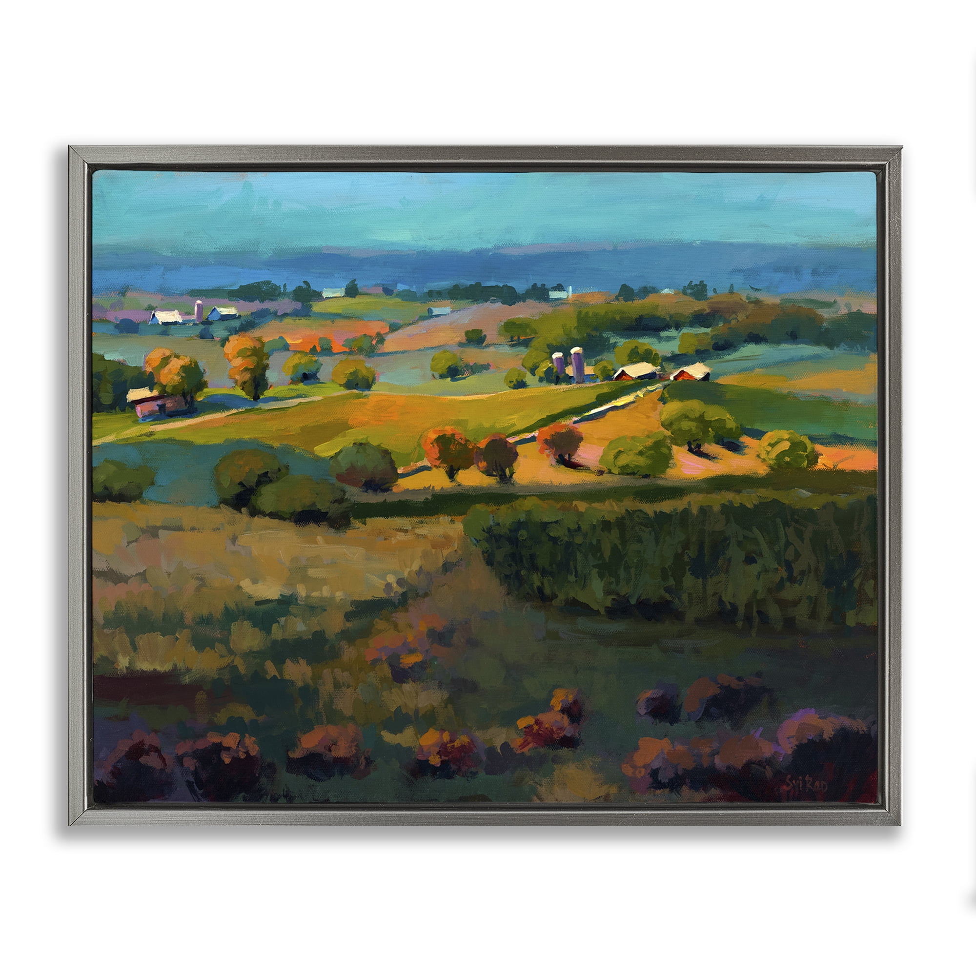 Stupell Industries Countryside Farms Landscape Landscape & Nature Painting Gray Floater Framed Canvas Art Print Wall Art, 21 x 17