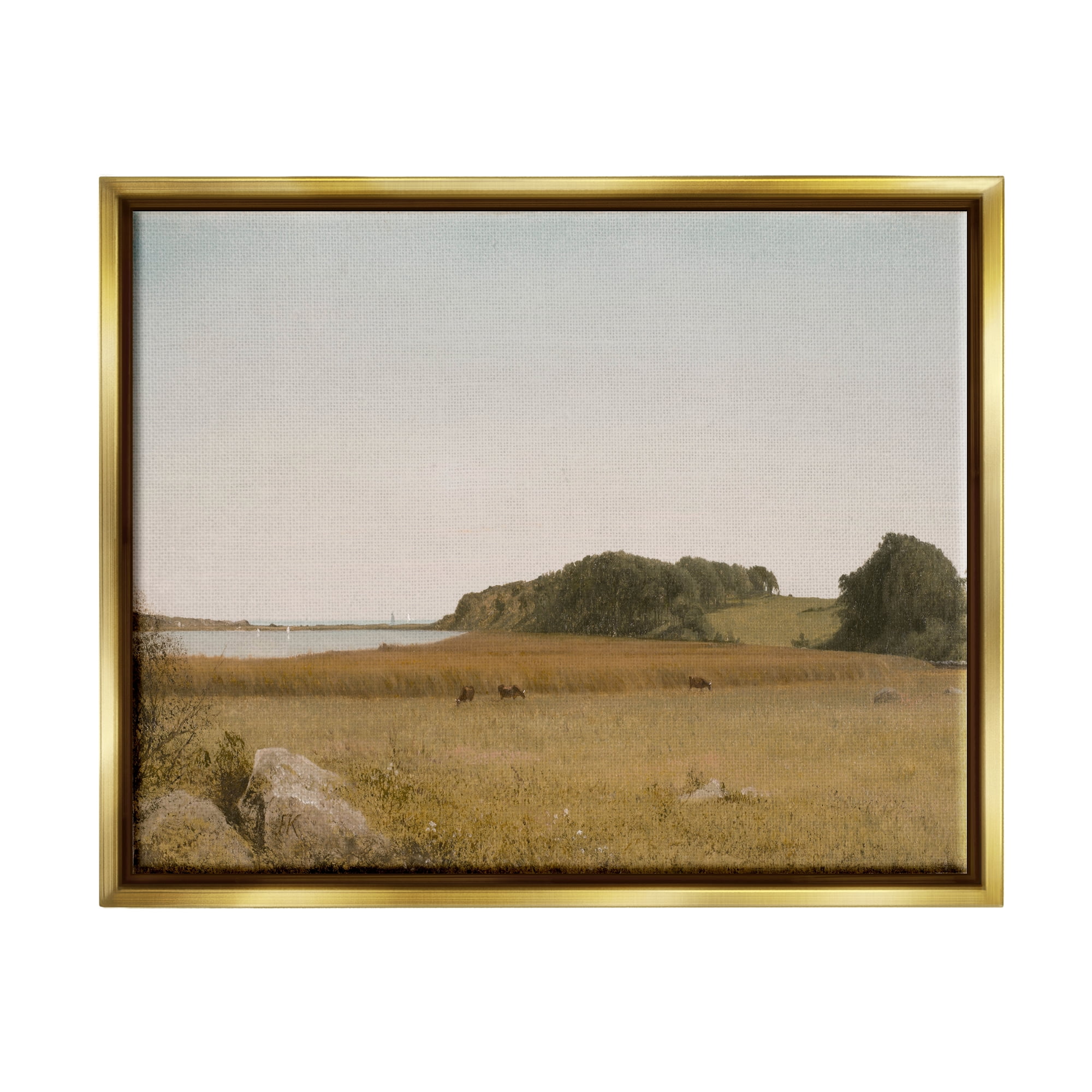 Stupell Industries Countryside Grazing Cows Landscape Photography Gold Floater Framed Canvas Art Print Wall Art, 21 x 17