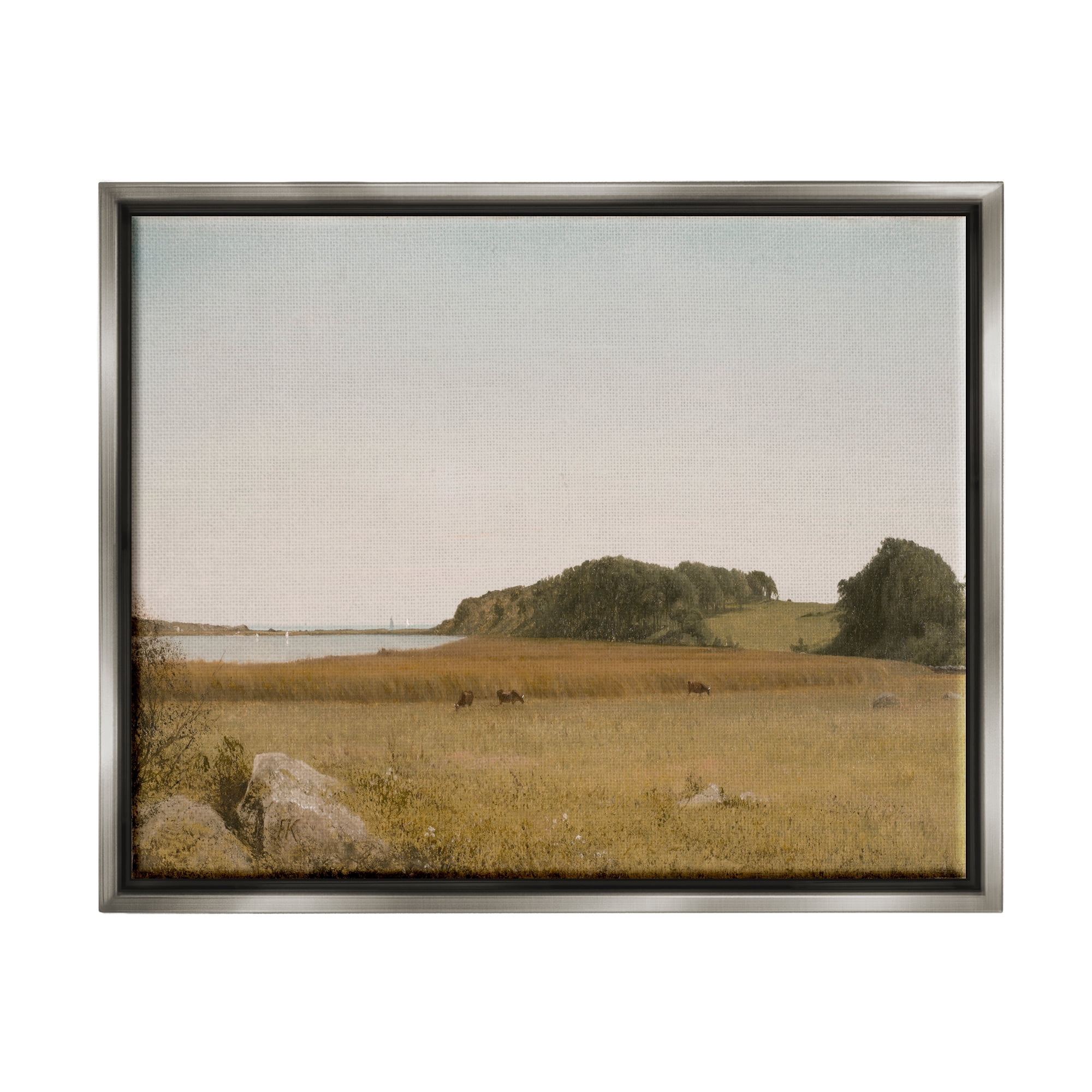 Stupell Industries Countryside Grazing Cows Landscape Photography Gray Floater Framed Canvas Art Print Wall Art, 31 x 25