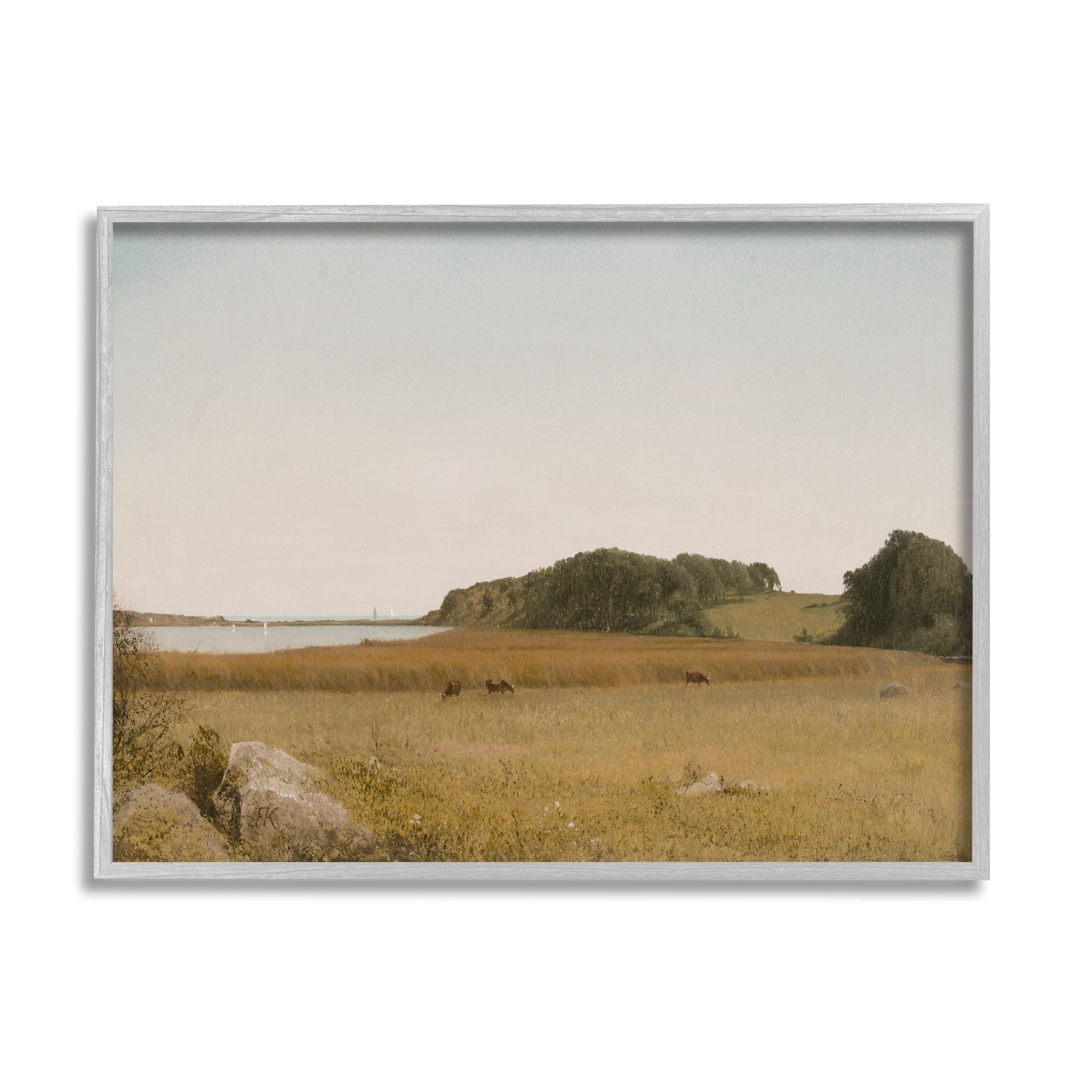 Stupell Industries Countryside Grazing Cows Landscape Photography Gray Framed Art Print Wall Art, 20 x 16